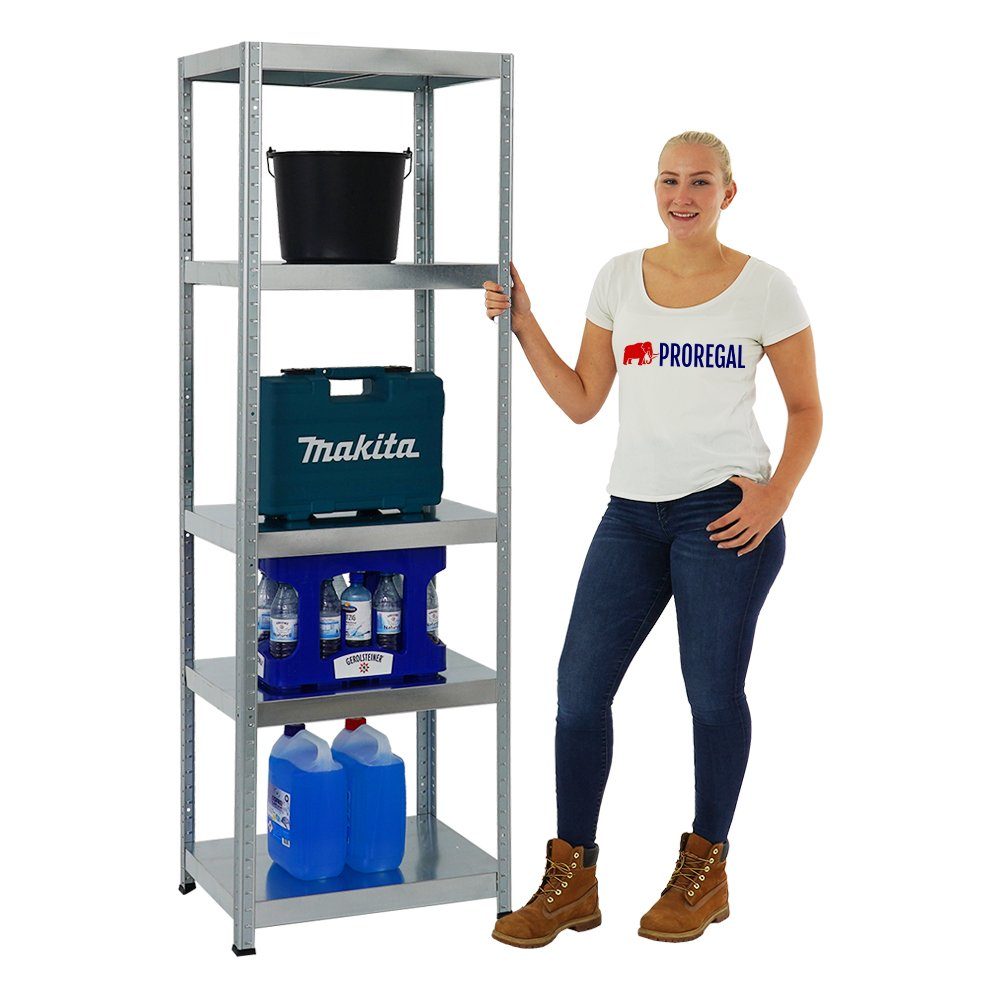 PROREGAL® Schwerlastregal Metallsteckregal STEEL EAGLE mit 5 Stahlböden 180x60x40cm Verzinkt, Stabiles Kellerregal Stahlregal 130kg Fachlast sowie 650kg Gesamtlast