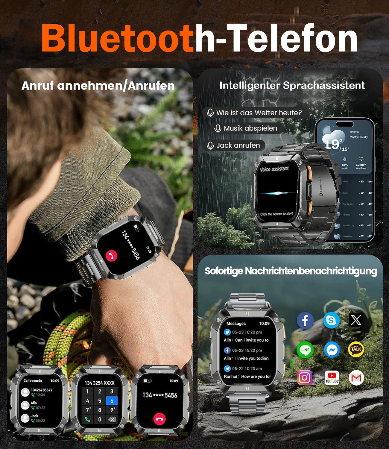 ANYSUN Smartwatch Herren Militär mit 1000mAh Akku/LED Taschenlampen, Smartwatch (4.95 cm/2,01 Zoll) Outdoor Smartwatch mit Telefonfunktion,Wasserdicht Fitnessuhr, 100+ Sportmodi, Pulsmesser/Schlafmonitor/Android und iOS