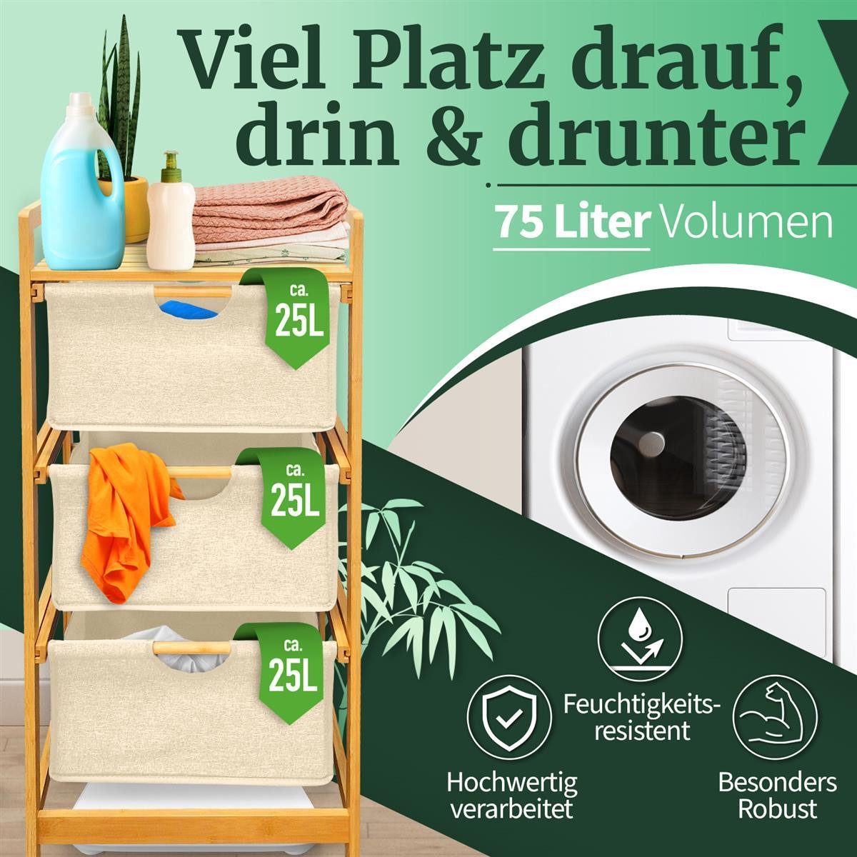 HEIMWERT Wäschekorb Wäschekorb Regal 3 Fächer Wäschesortierer Wäschesammler – Bild 4 von 5