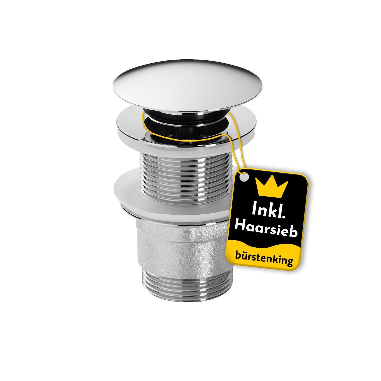 Bürstenking Ablaufgarnitur Ø 63/66 mm – Push-Open Ablaufventil - mit & ohne Überlauf & Haarsieb Push-Open / Pop-Up