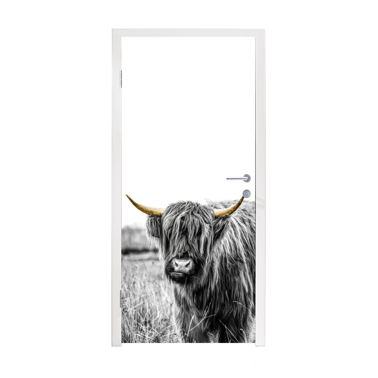 MuchoWow Türtapete Schottischer Highlander - Gold - Schwarz - Weiß, Matt, bedruckt, (1 St), Fototapete für Tür, Türaufkleber, 75x205 cm