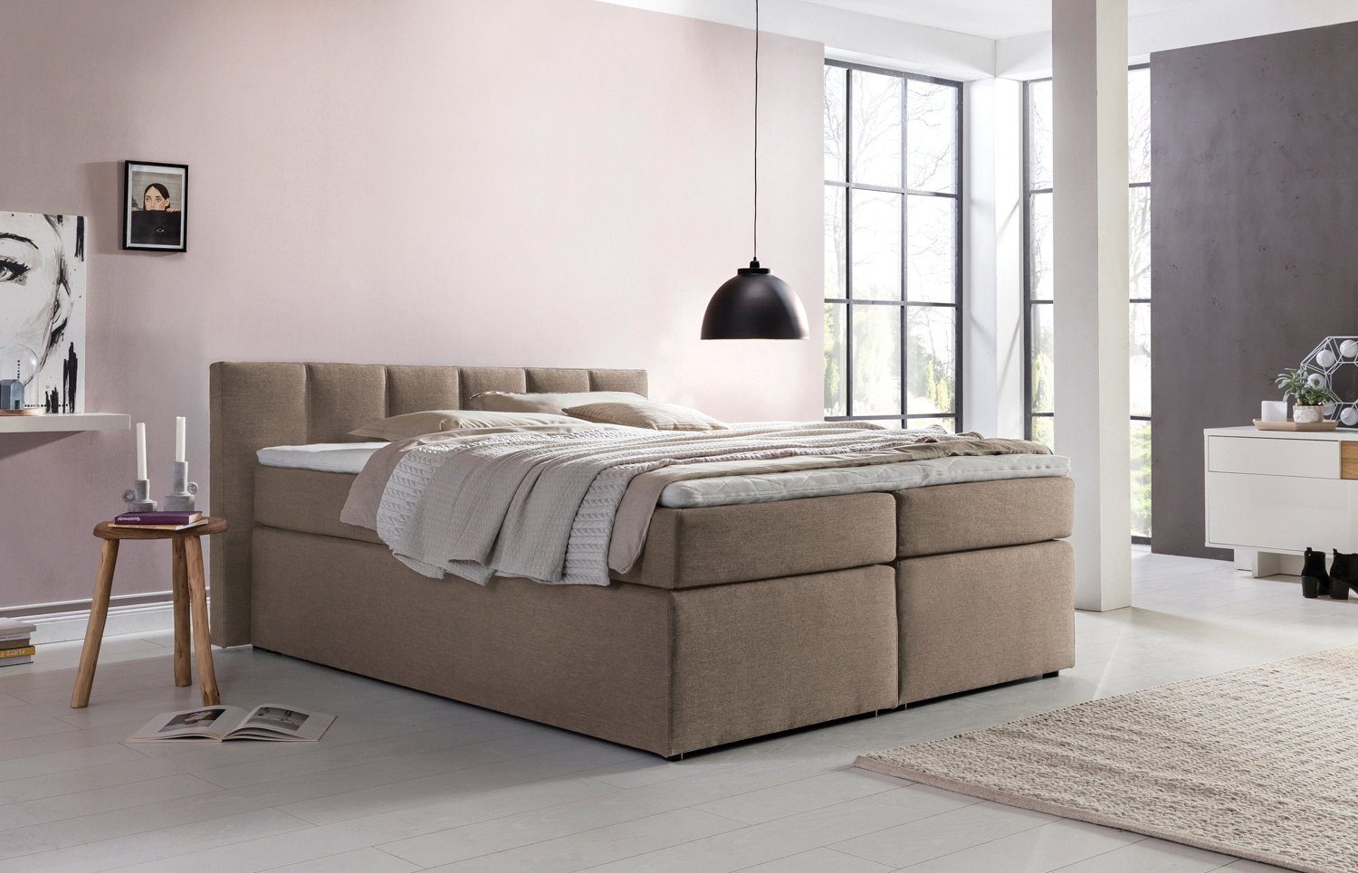 Möbelfreude Boxspringbett Boxspringbett Valina 90x200 cm Beige/Grau H2, 90x200 cm Beige/Grau H2 niedriges Kopfteil 90 cm Ideal für Dachsschräg