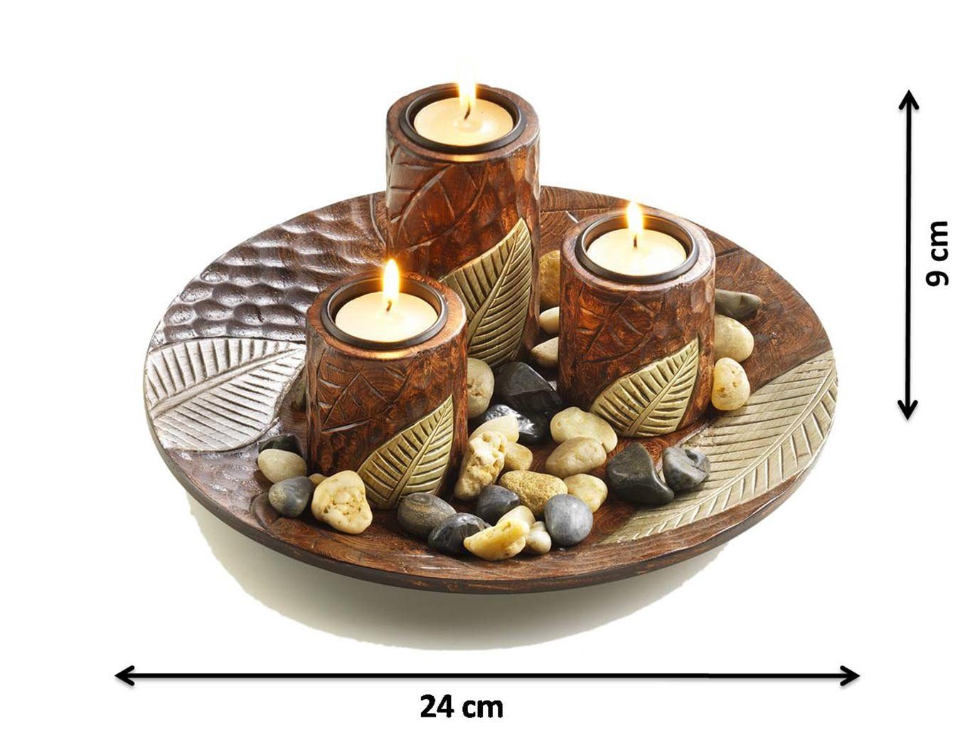 rund Kerzenhalter Dekoschale braun Kerzenhaltern drei Kobolo mit (Set)