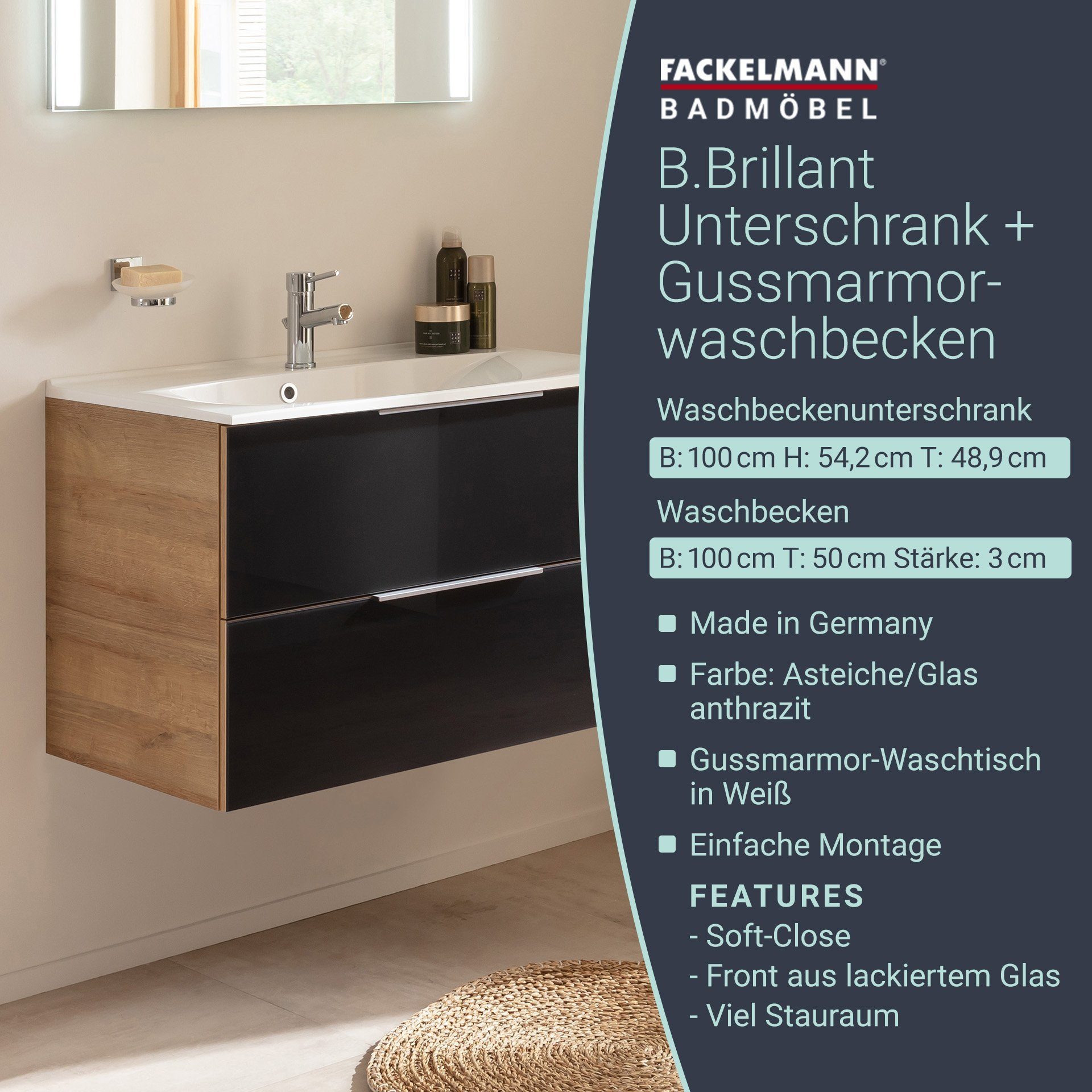 FACKELMANN Waschbeckenunterschrank B.Brillant Waschbeckenunterschrank + weißem Waschbecken aus Gussarmor