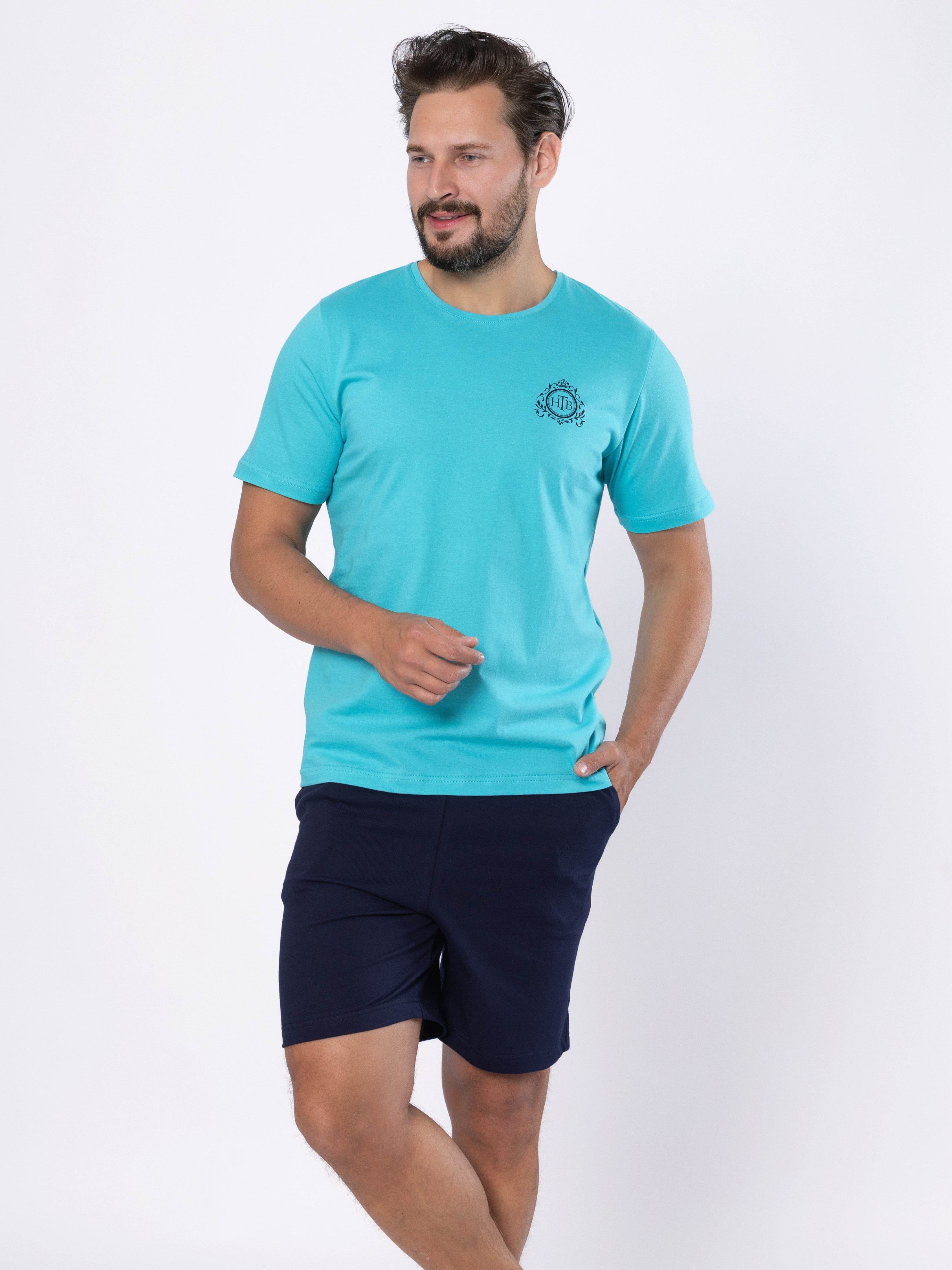 HOTBERG Shorty Kurzer Herren Schlafanzug 100% Baumwolle (2 tlg) moderner Shorty mit Komfortschnitt, Türkis-Dunkelblau