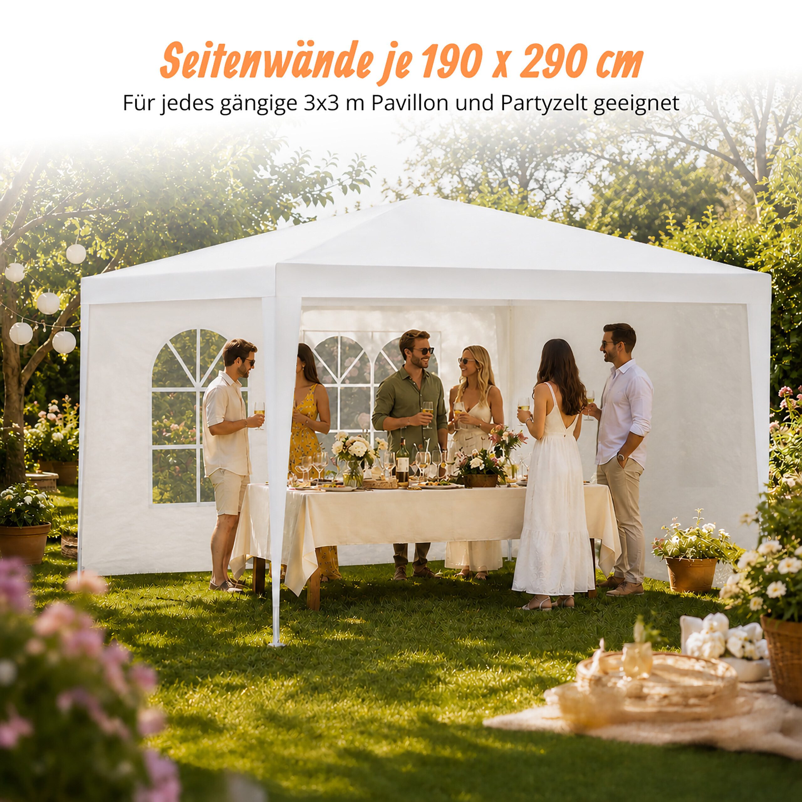 relaxdays Pavillonseitenteil Pavillon-Seitenteile 2er Set, 290x190 cm, weiß – Bild 2 von 5