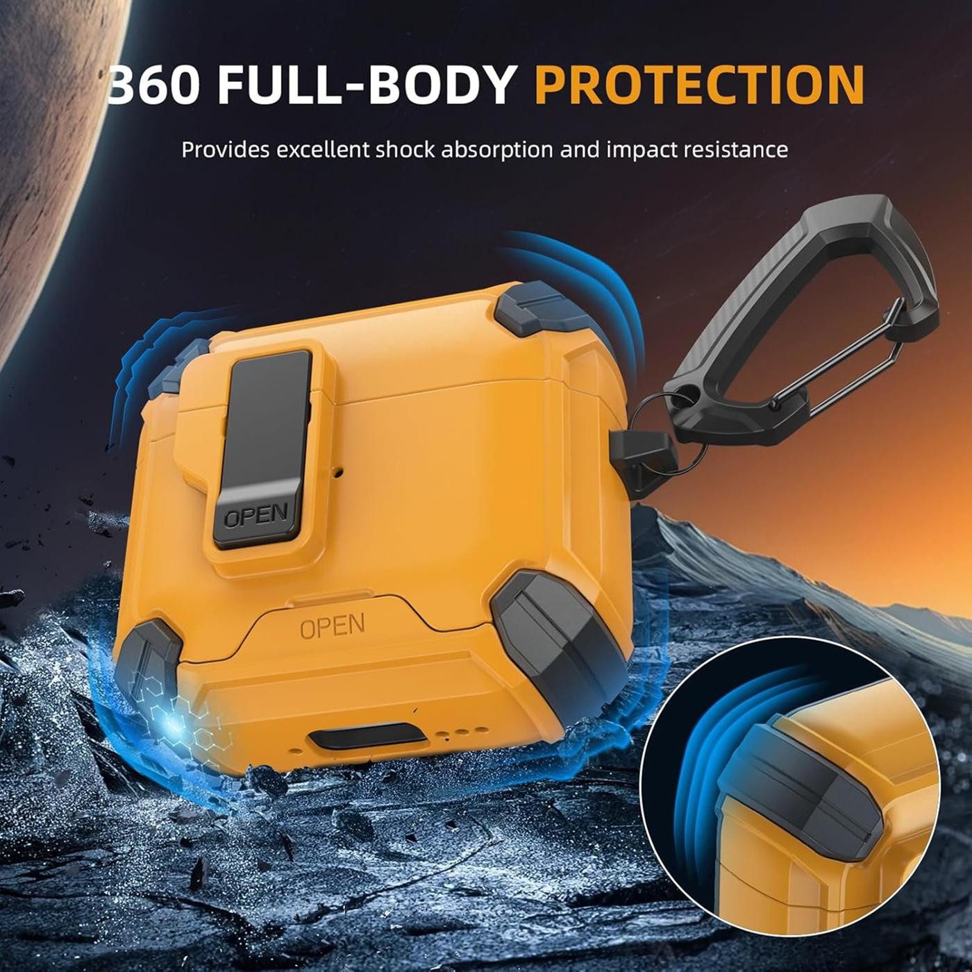 CoolGadget Kopfhörer-Schutzhülle Defender Hülle für Apple AirPods 4 magnetisch mit Karabiner, 360° Full-Body Case Schutzhülle Handy Standfunktion magnetisch lad – Bild 5 von 5