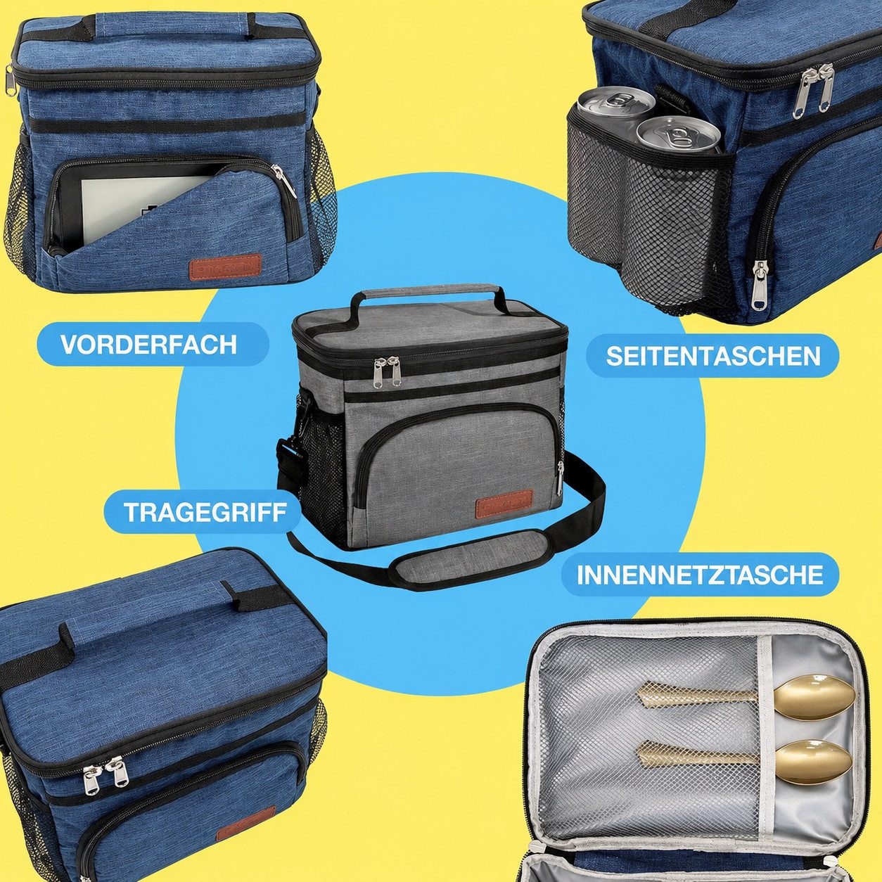 Diwzbyn Lunchbox Lunchbag Isoliert Unisex, Kühltasche, Auslaufsicher mit 4 Taschen, Mit verstellbarem Schulterriemen, für Arbeit, Picknick & Reisen – Bild 4 von 5
