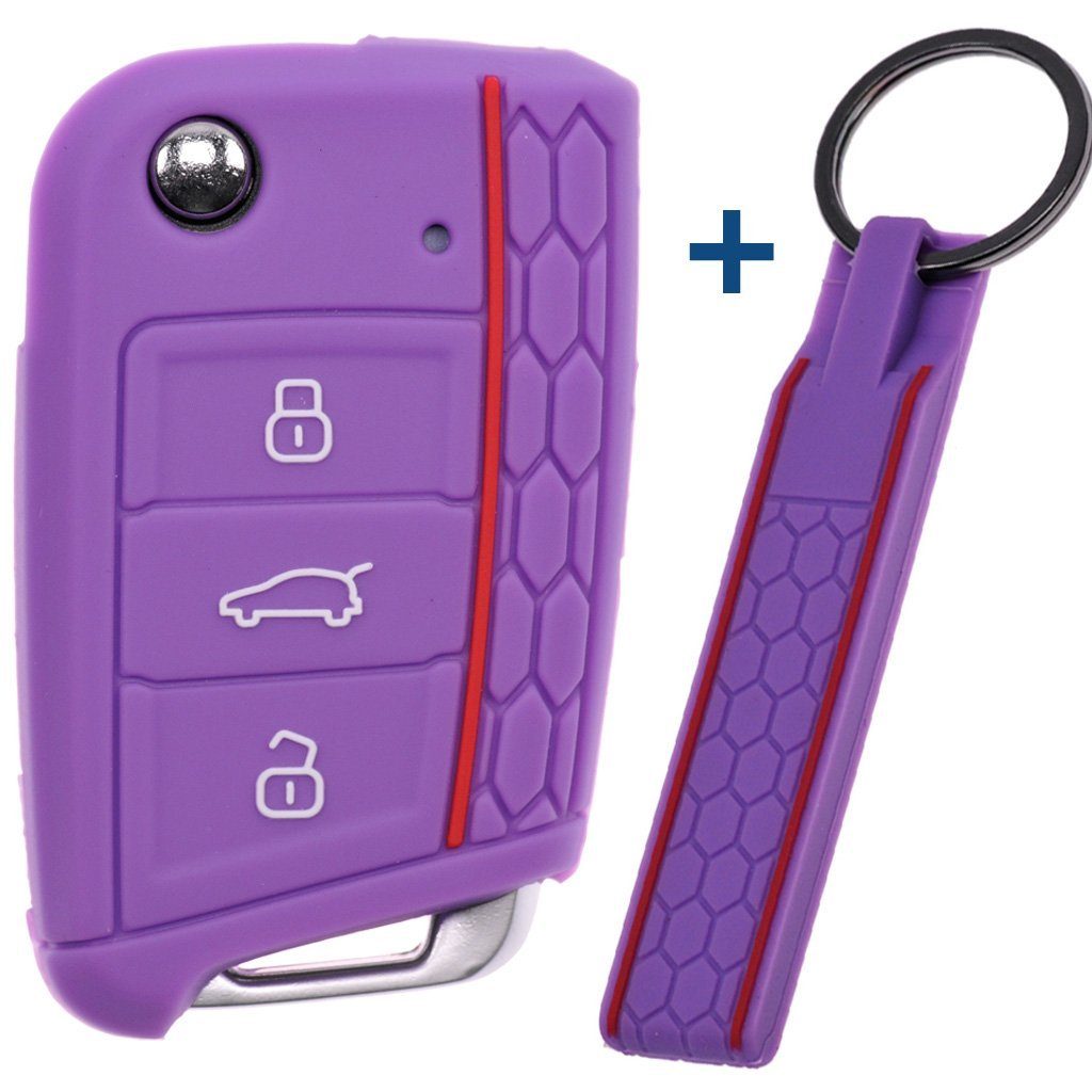 mt-key Schlüsseltasche Autoschlüssel Silikon Schutzhülle mit passendem Schlüsselband, für Golf 7 Polo 6C Seat Ateca Arona Leon Skoda Octavia Superb Kodiaq Lila