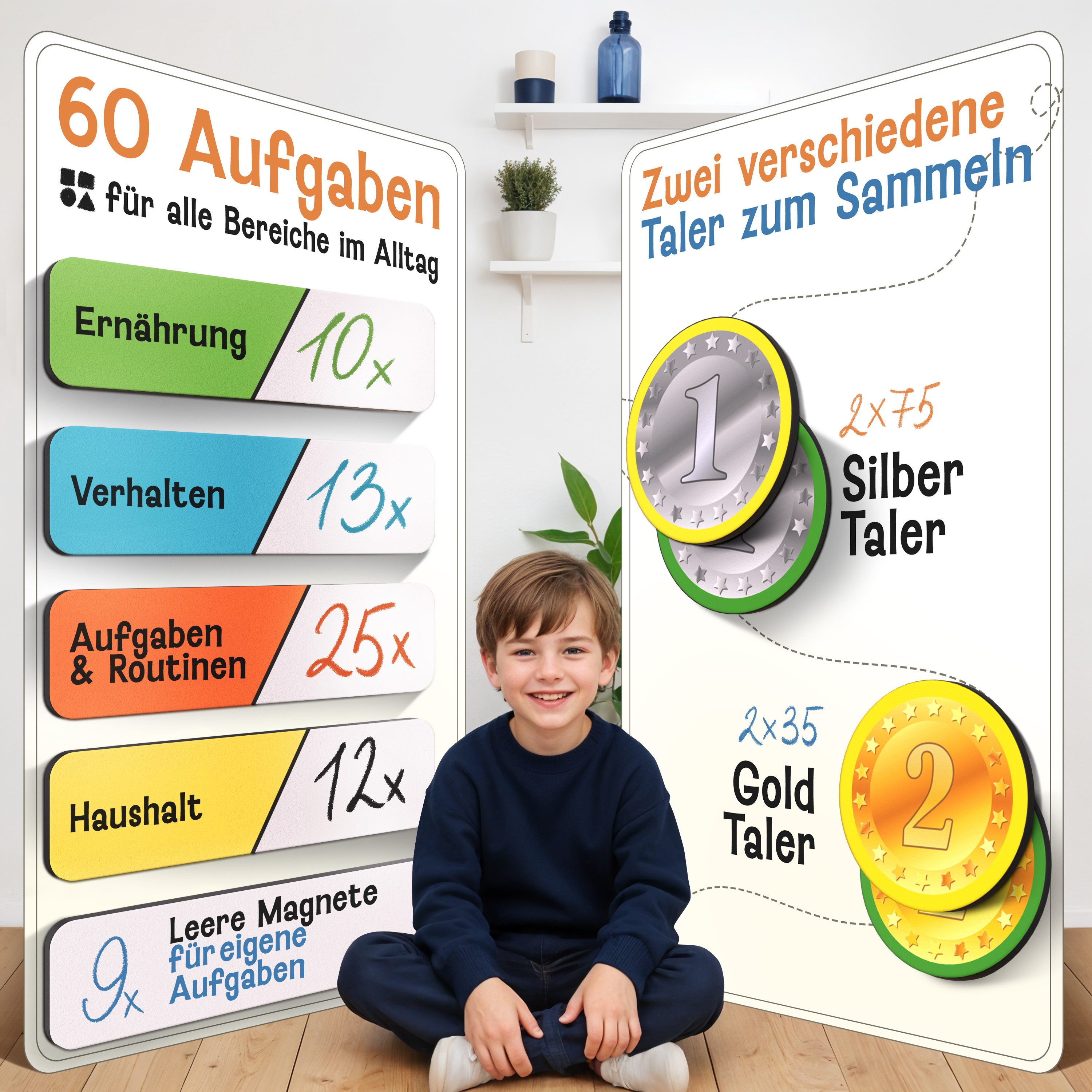 Likarto Lernspielzeug Belohnungstafel Kinder - inkl. 280 Magnete - Belohnungssystem Kinder, Mit Kordel - Komplett beschreib- und abwischbar