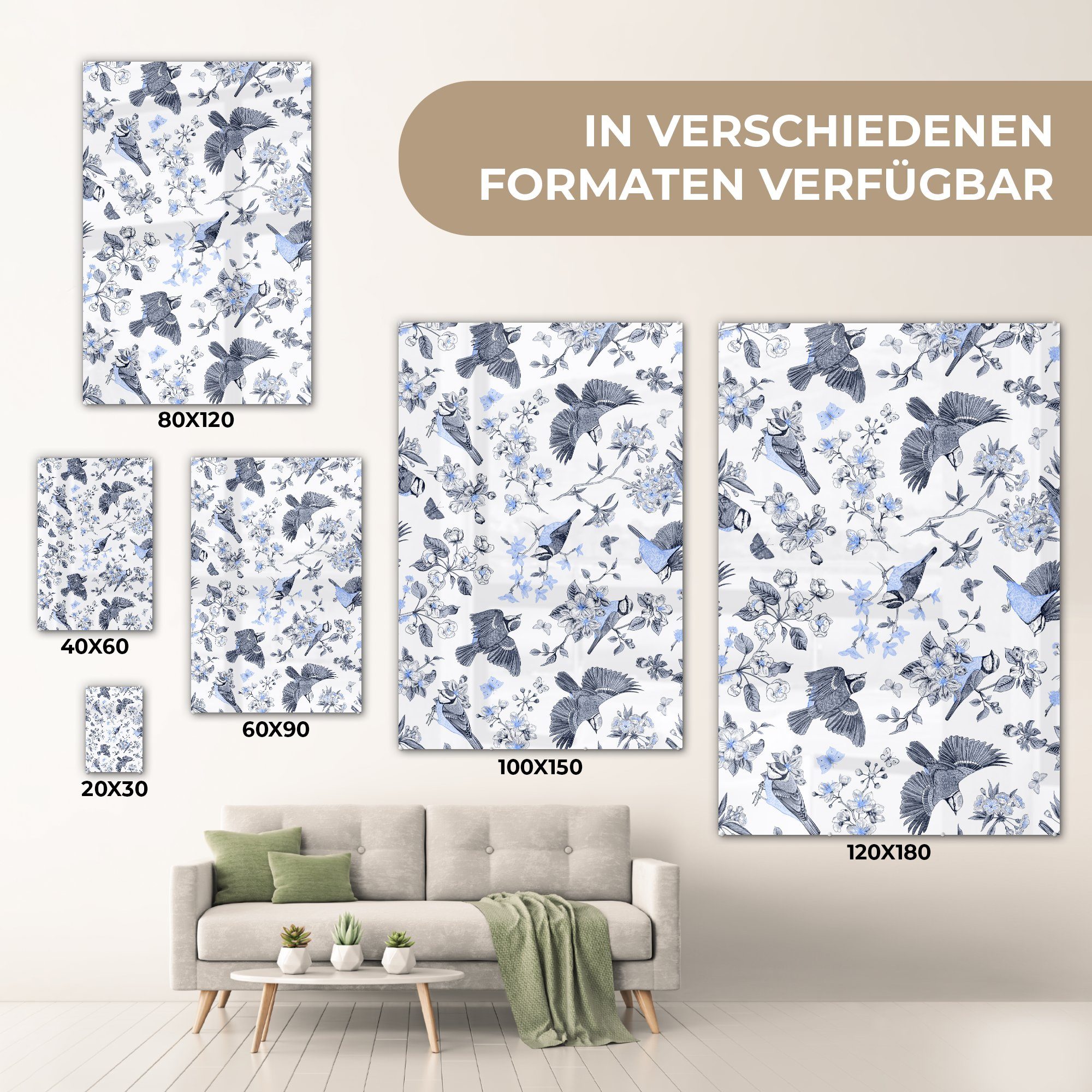 Bilder Blau, Vogel auf - Foto - MuchoWow Acrylglasbild Glas (1 - Glasbilder - St), Glas auf - Wandbild Blumen Wanddekoration