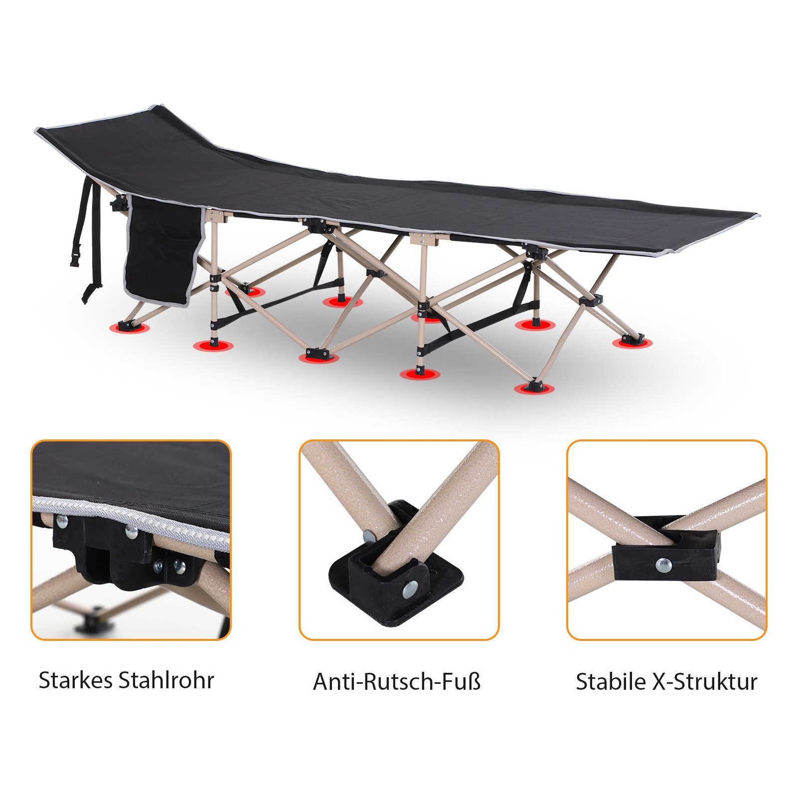 OKWISH Feldbett klappbar 190x68x52 cm Schwarz Campingbett mit Tasche (Packung, 1-St., Outdoor Reisebett für Camping & Aktivitäten, stabile Konstruktion) Faltbares Campingbett aus Oxford Stoff, leicht & tragbar