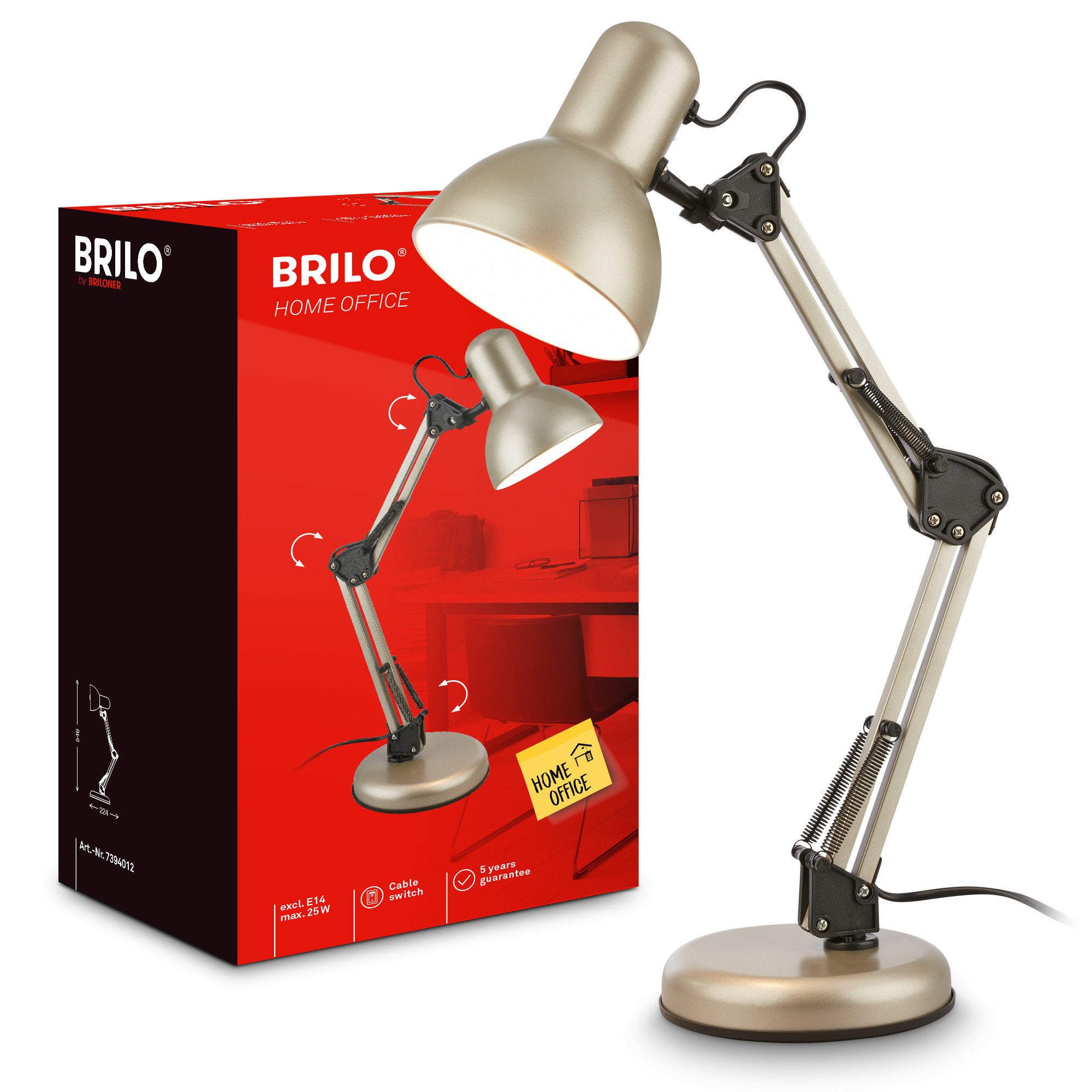 Briloner Leuchten LED Tischleuchte Tischlampe Schwenkbar Kabelschalter E14, ohne Leuchtmittel, Abhängig vom Leuchtmittel, 22,4x54,6 cm, Büro, Kinderzimmer