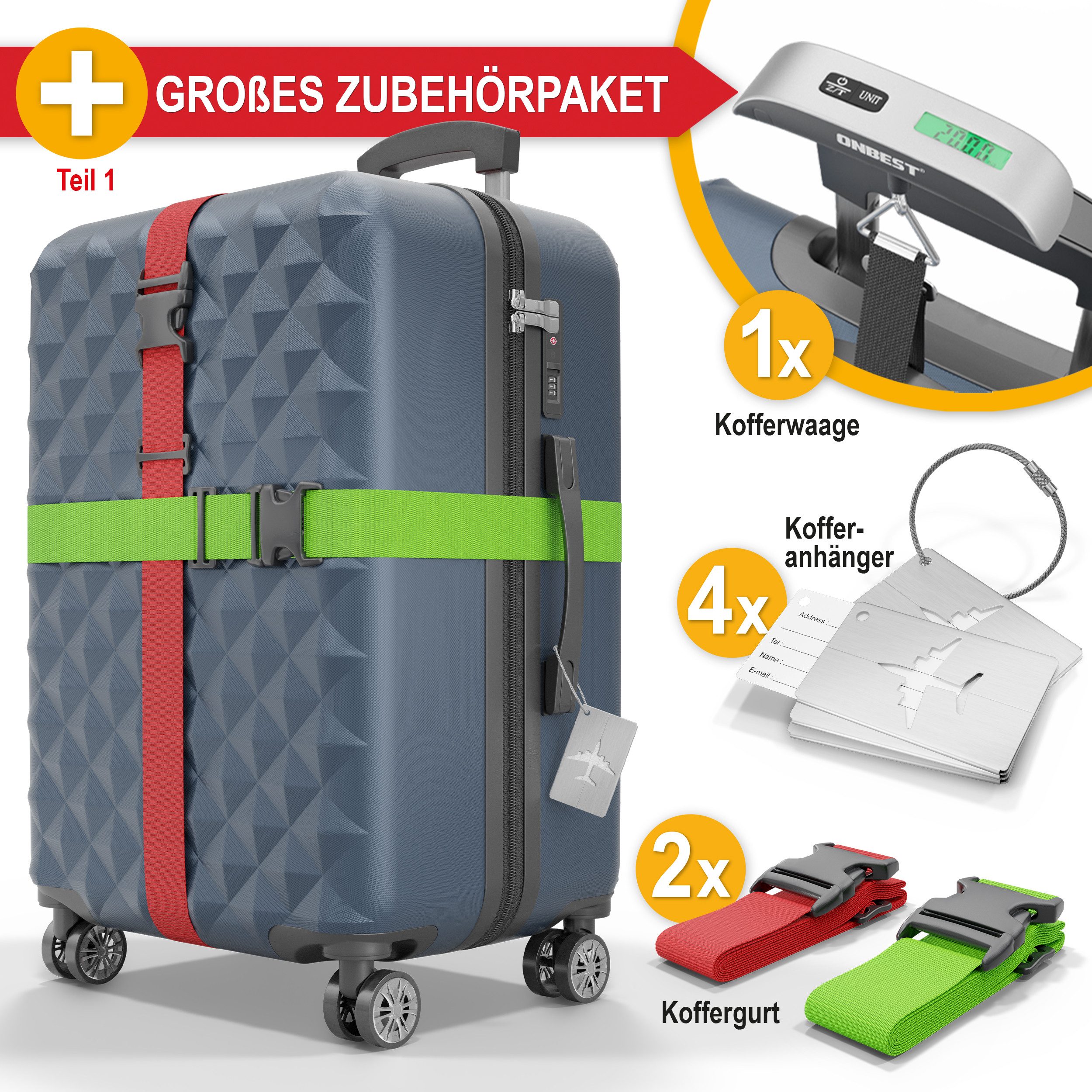 Onbest Kofferset 4er Hartschalen Trolley PREMIUM S-M-L-XL TSA-Schloss, (4 tlg), Mit sehr viel Zubehör, USB-C Anschluss