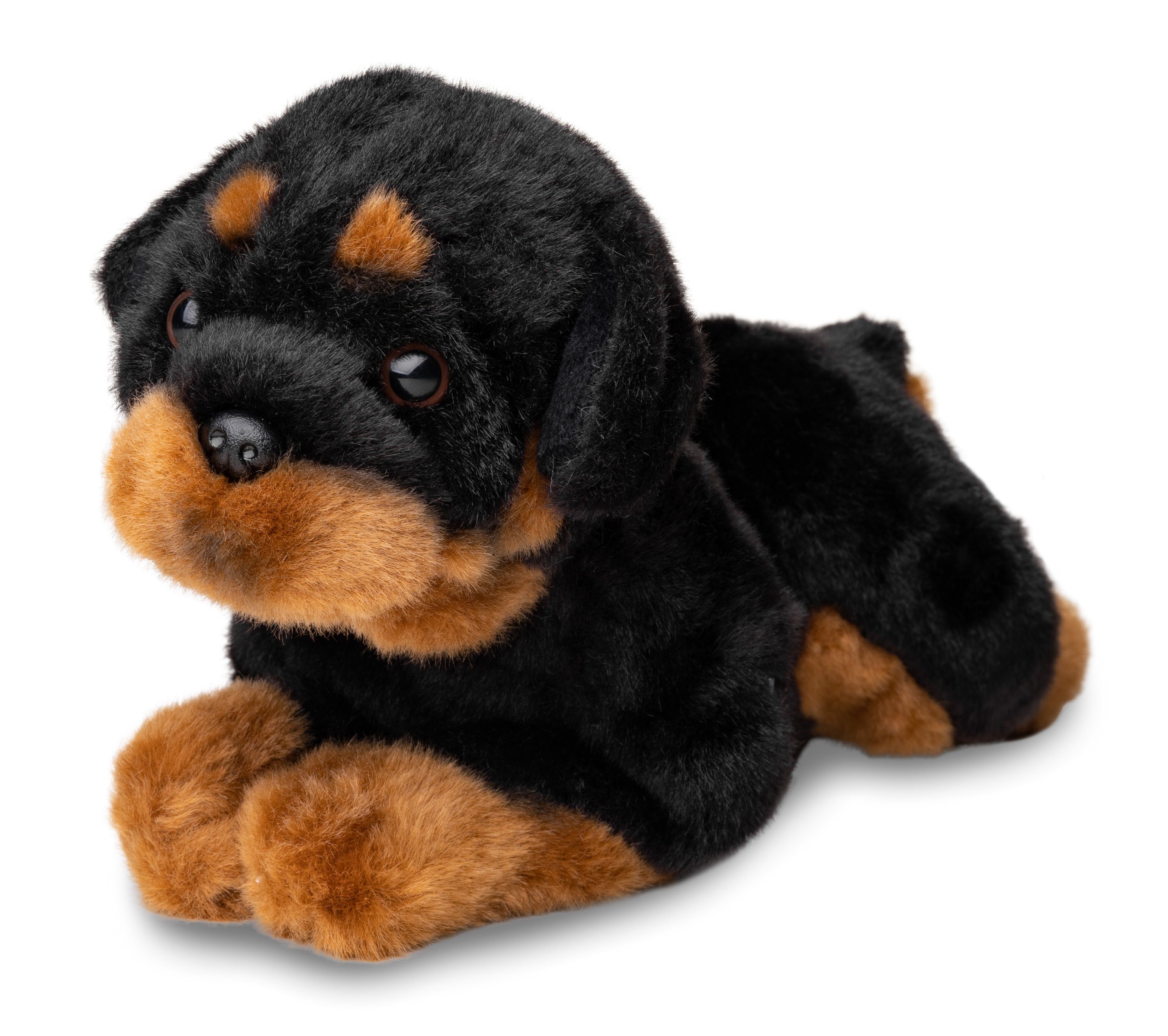 Uni-Toys Kuscheltier Rottweiler, liegend - 33 cm (Länge) - Plüsch-Hund - Plüschtier, zu 100 % recyceltes Füllmaterial