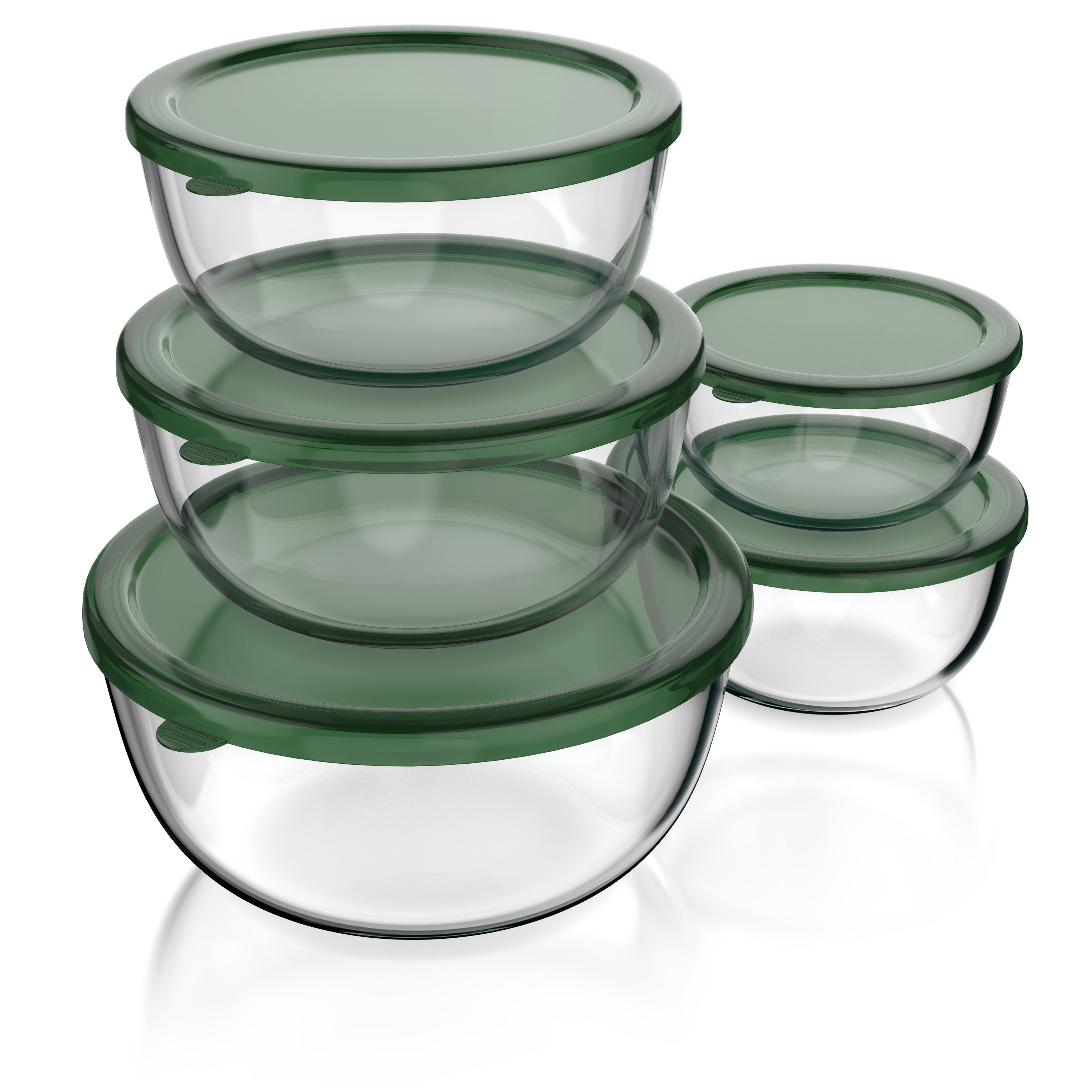 Arendo Salatschüssel 5x Glasschüsseln + Deckel 1L, 1,5L, 2L, 2,7L & 4,4L, Glas Rührschüssel, Glas, (5er Set, 5-tlg), Glasschale, BPA-frei, Spülmaschinen und Mikrowellen geeignet