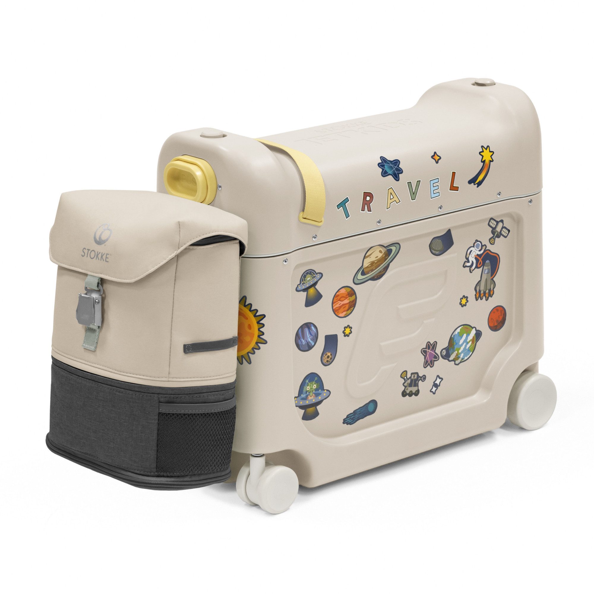 Stokke Kinderkoffer JetKids Reiseset - Enthält Aufsitzkoffer & Bordbett + Crew Backpack, 4 Rollen, Ideal für kurze und lange Reisen