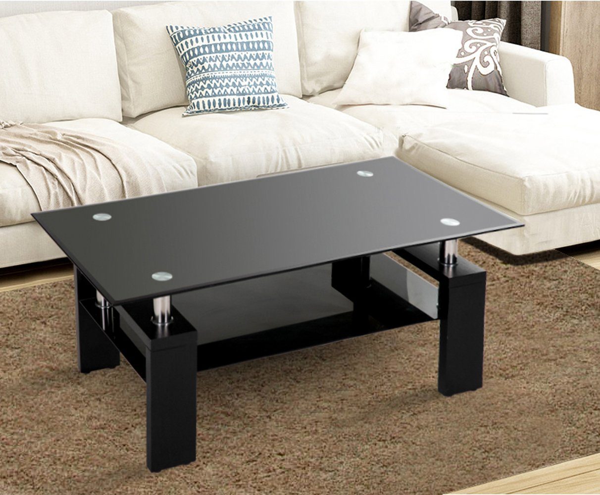 Couchtisch (Couchtisch aus gehärtetem Glas), Schwarz Glastisch Teetisch mit unterem Regal und Holzbeinen