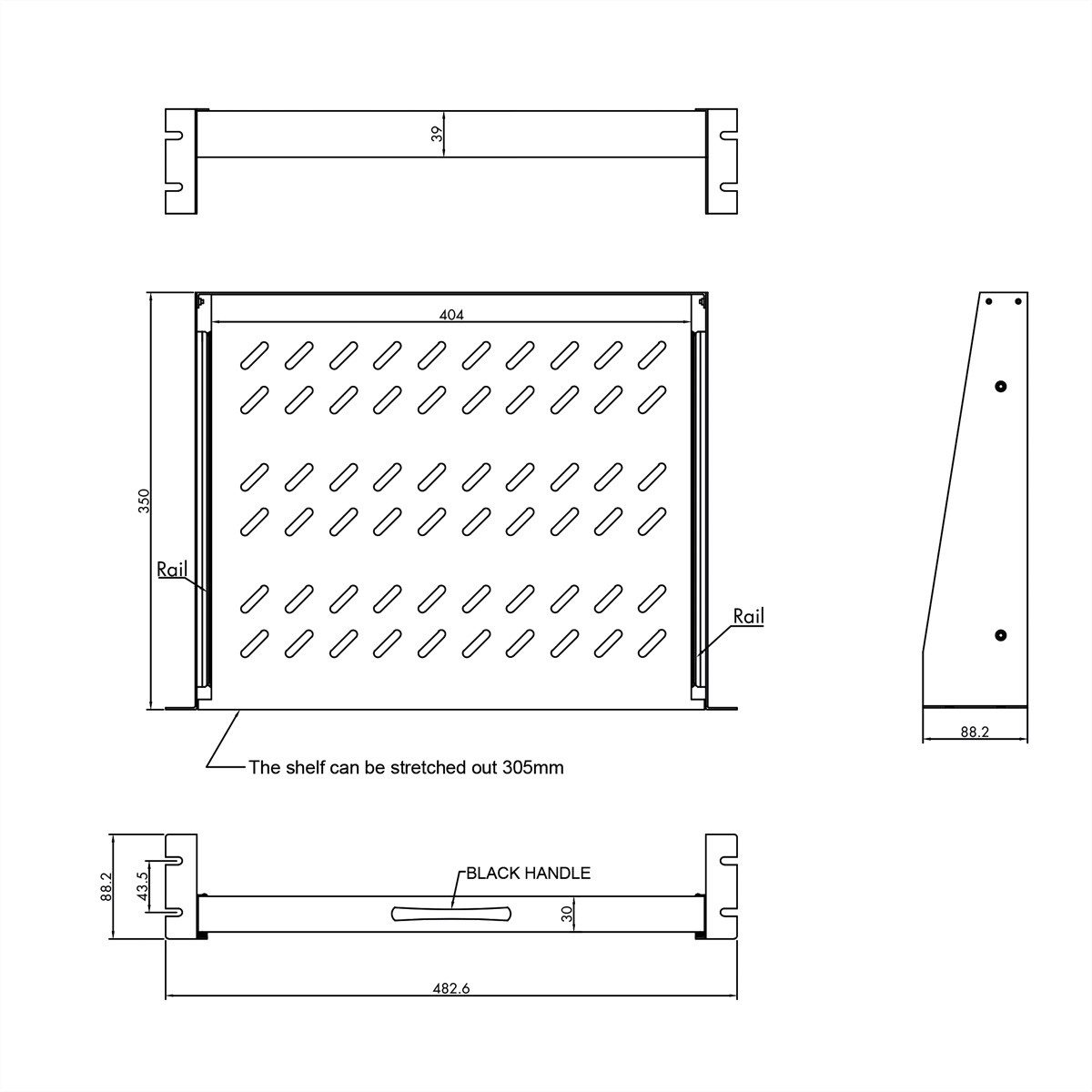 VALUE Netzwerkschrank 19-Zoll-Fachboden ausziehbar, 2 HE, 404 x 350 mm, 30 kg Traglast