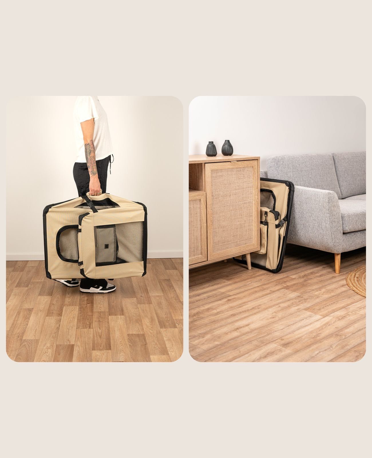 lionto Tiertransportbox stabil aus Textil, für Hunde und Katzen bis 18 kg, 82x58x58 cm, beige