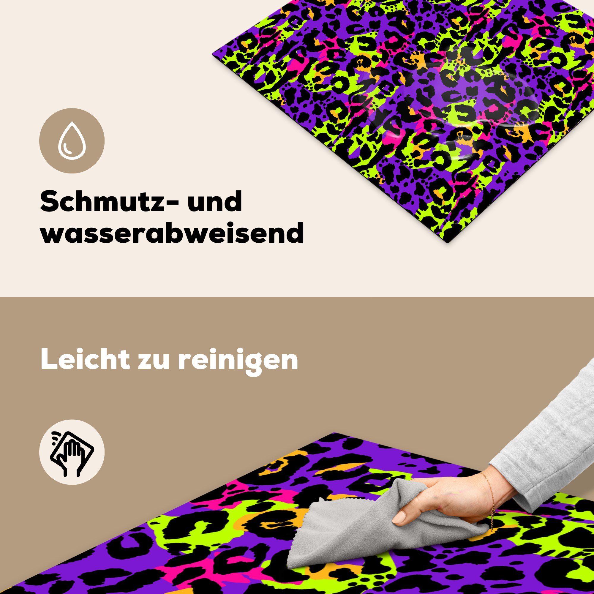 Tiermuster (1 Gelb, Lila Ceranfeldabdeckung Induktionsmatte - MuchoWow tlg), - für Neon cm, Herdblende-/Abdeckplatte 59x52 küche, Vinyl, - die