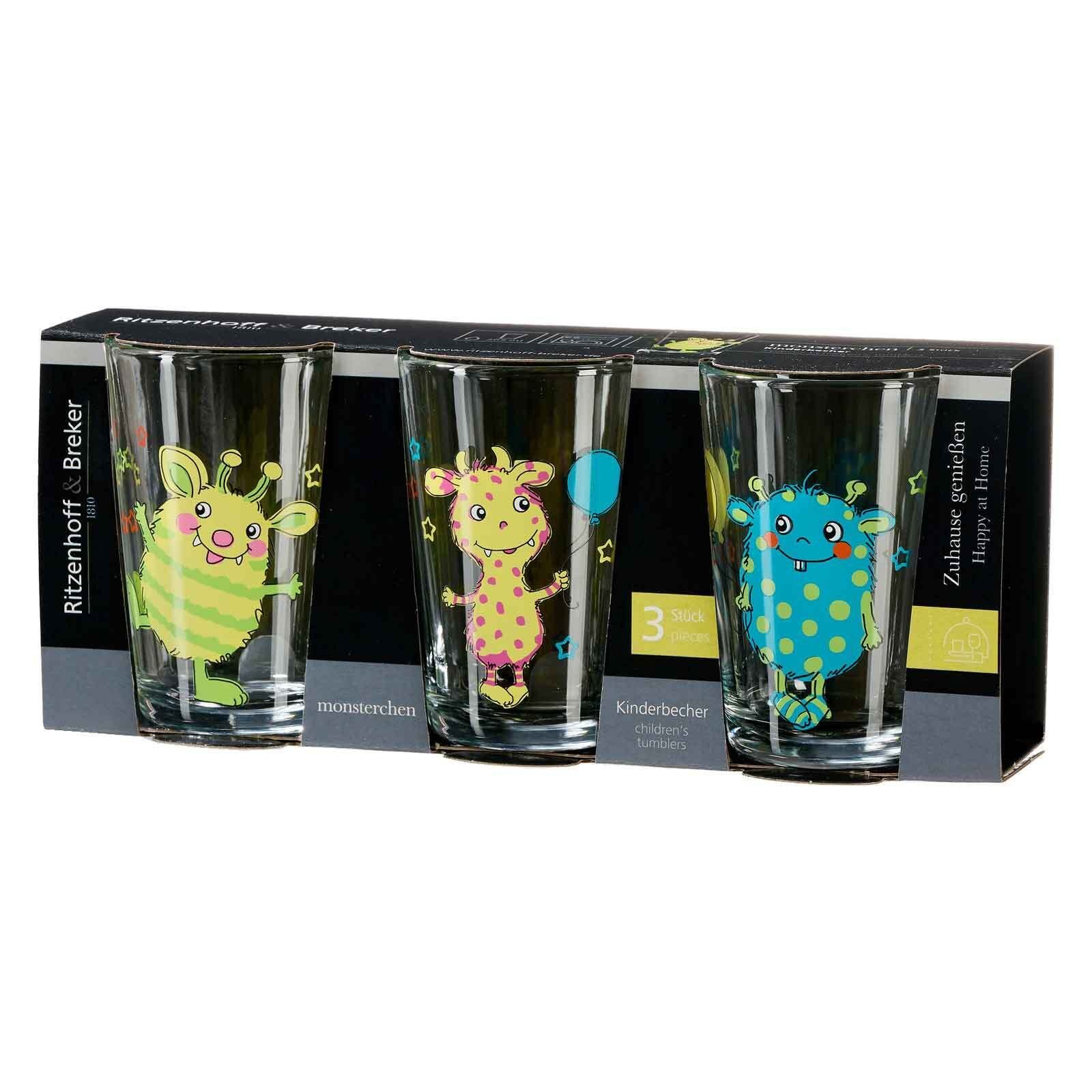 Ritzenhoff & Breker Kinderbecher Monsterchen Kindergläser 205 ml 3er Set, 3-tlg., Glas