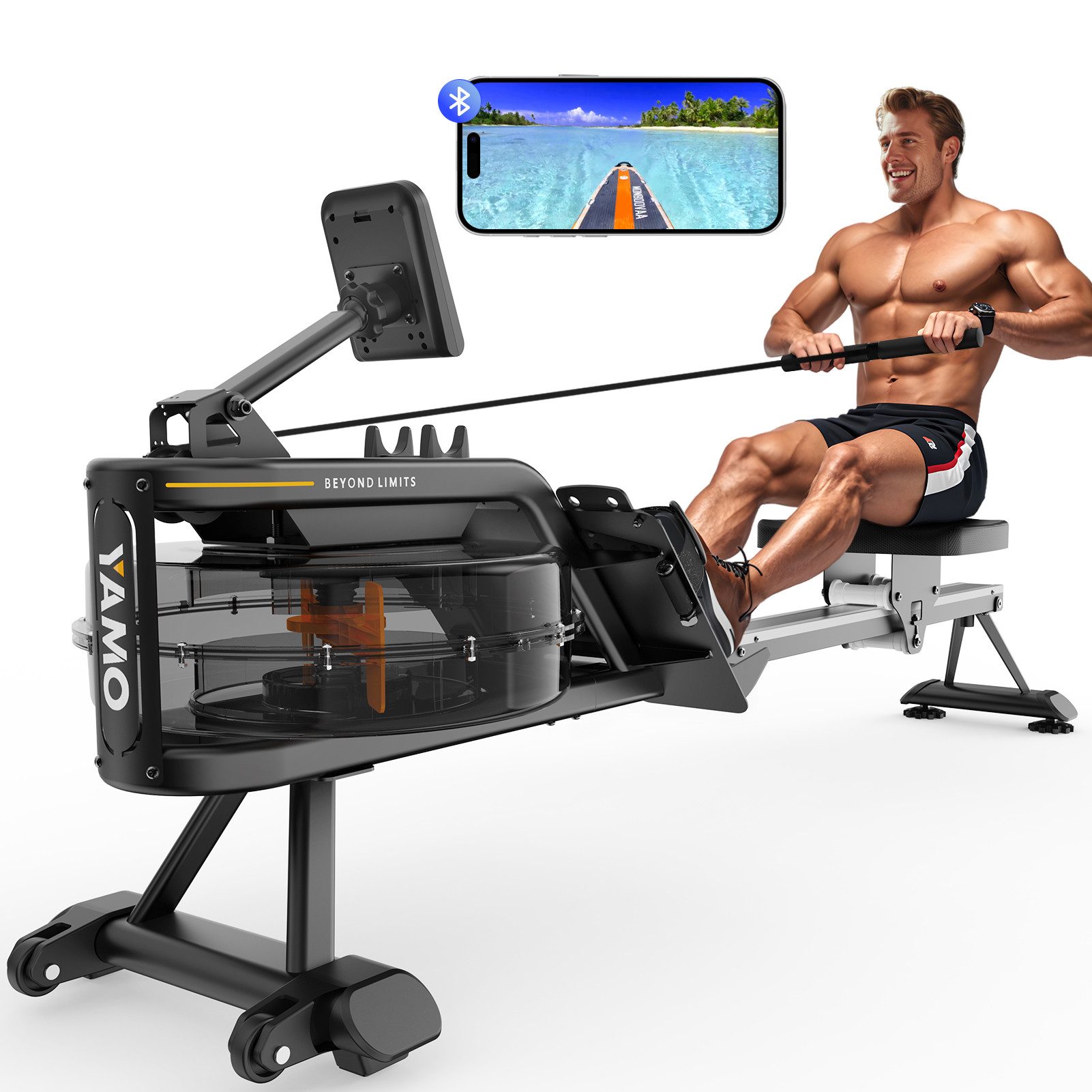 YAMO Rudergerät Wasserrudergerät für zu Hause, mit Bluetoothe-Monitor, 150kg Belastbarkeit