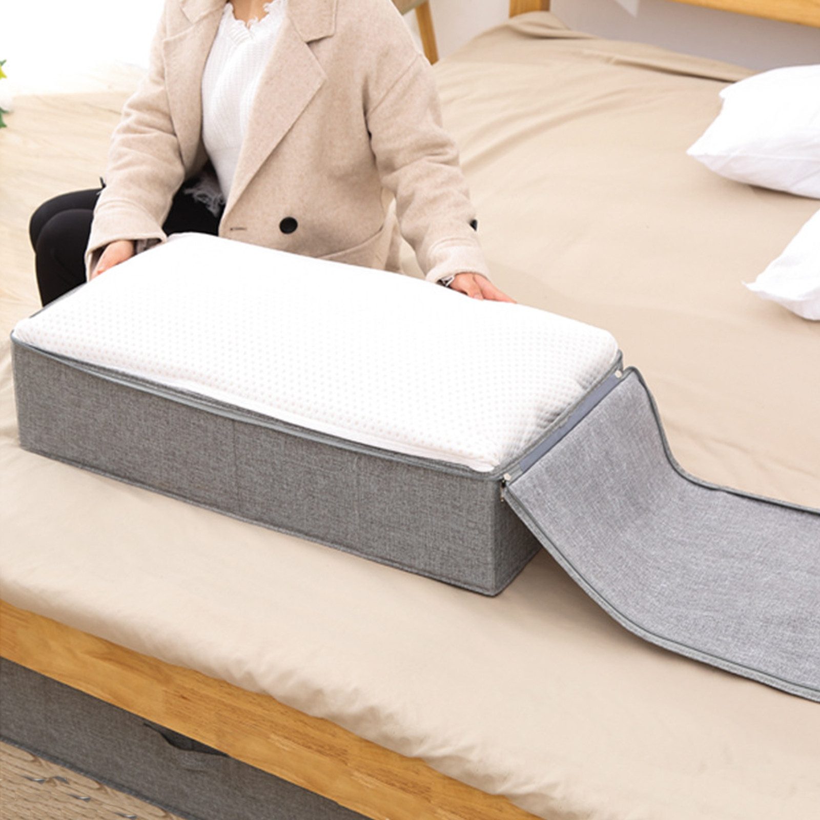 CALIYO Aufbewahrungstasche Zusammenklappbarer Aufbewahrungsboxen Unterbett-Aufbewahrungsbehälter (2-tlg), Dreiseitiger Reißverschluss-Abdeckung-Korb für Decken, – Bild 3 von 5
