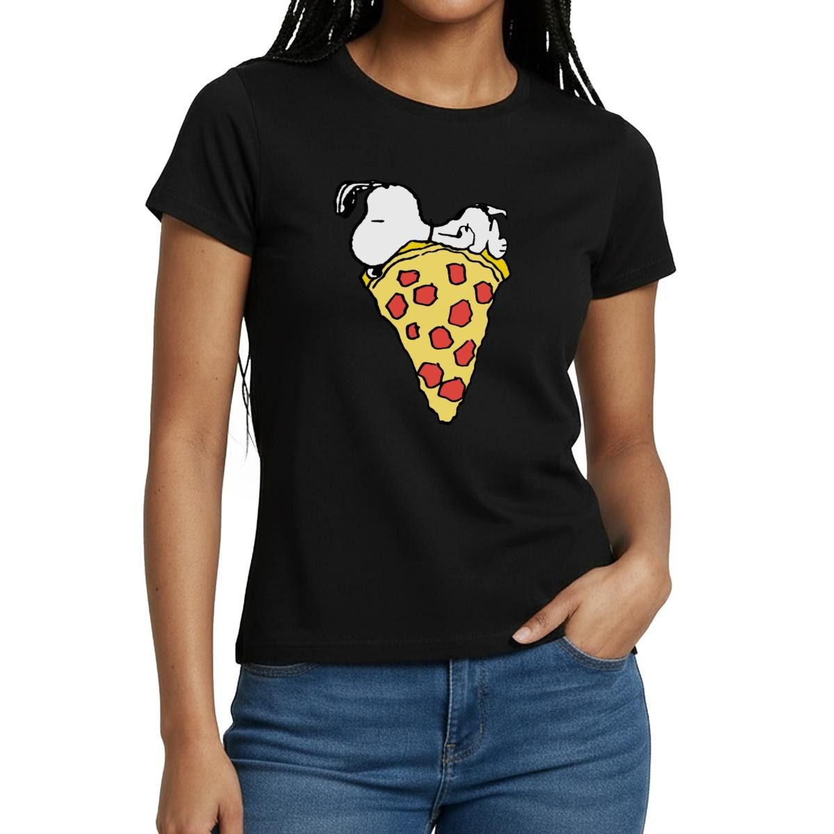 Spreadshirt T-Shirt Peanuts Snoopy Mit Großem Pizzastück Frauen T-Shirt (1-tlg) Slim Fit, fällt klein aus