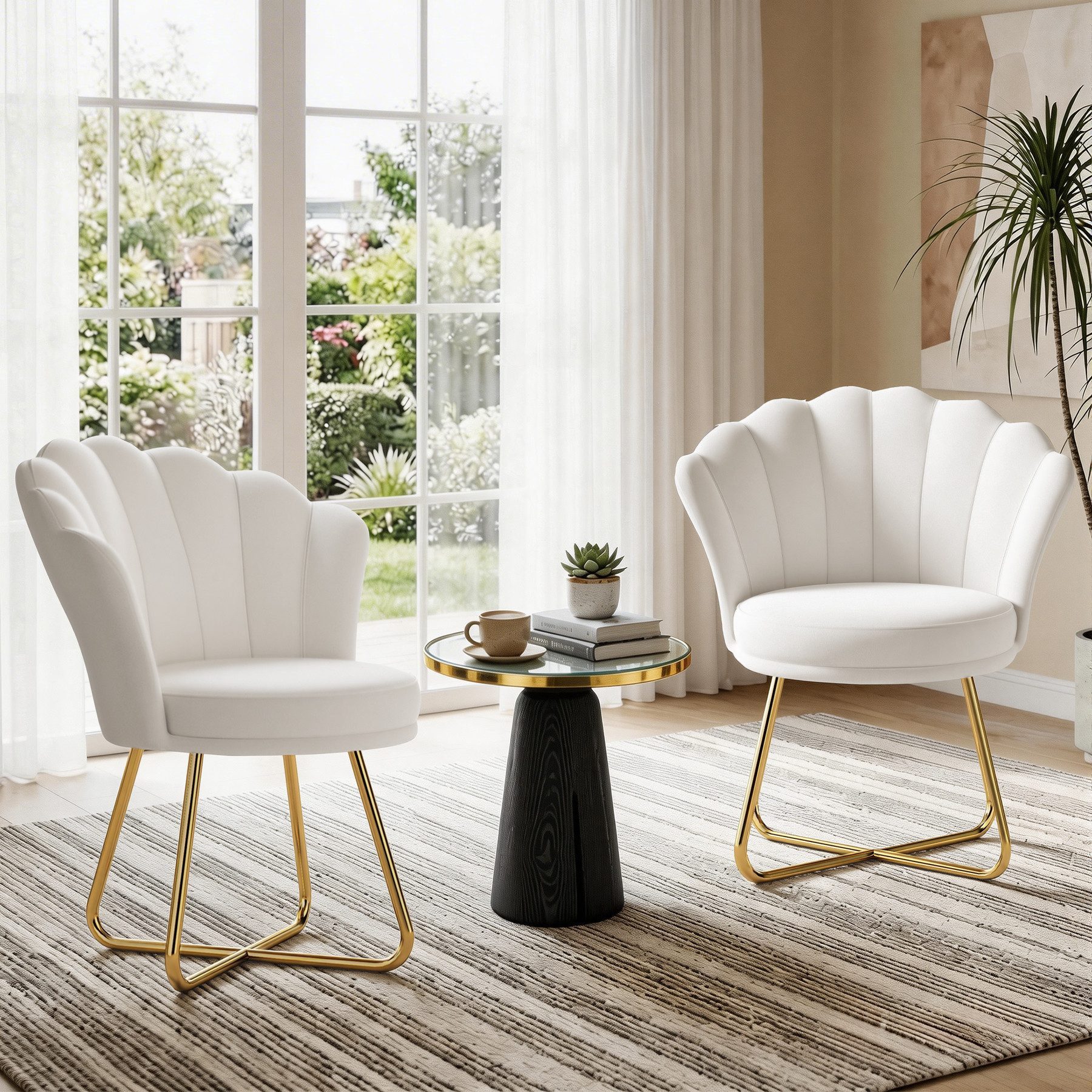 HawthyHome Polsterstuhl Polstersessel mit Blütenblatt-Rückenlehne & Goldene Metallbeine (2 St), ideal für Esszimmer & Schminktisch