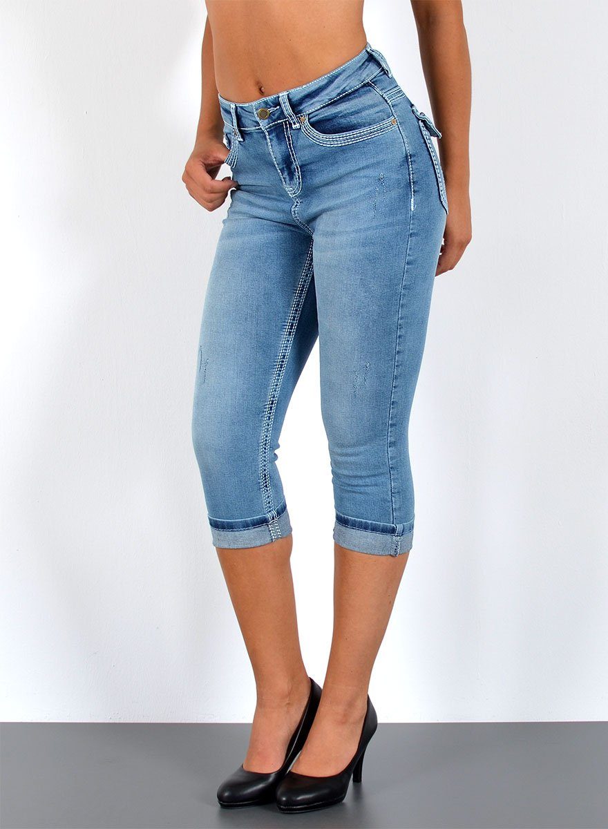 ESRA Caprijeans Damen 3/4 Capri Jeans-Hose mit Kontrast-Nähte bis Große Größen J563 Damen High Waist Capri Jeans Stretch Jeans dicke Naht bis Übergröße