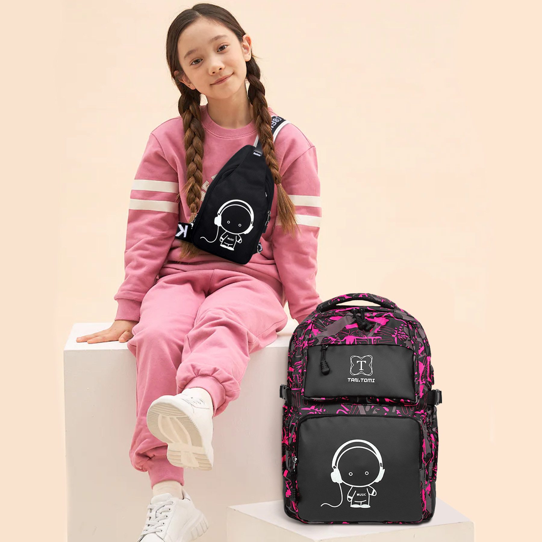 TAN.TOMI Schulrucksack Rucksack Jungen Schulrucksack Mädchen Teenager Jugendliche Daypacks, Kinder Reflektierender Schultasche Outdoor Camping Groß Schulranzen