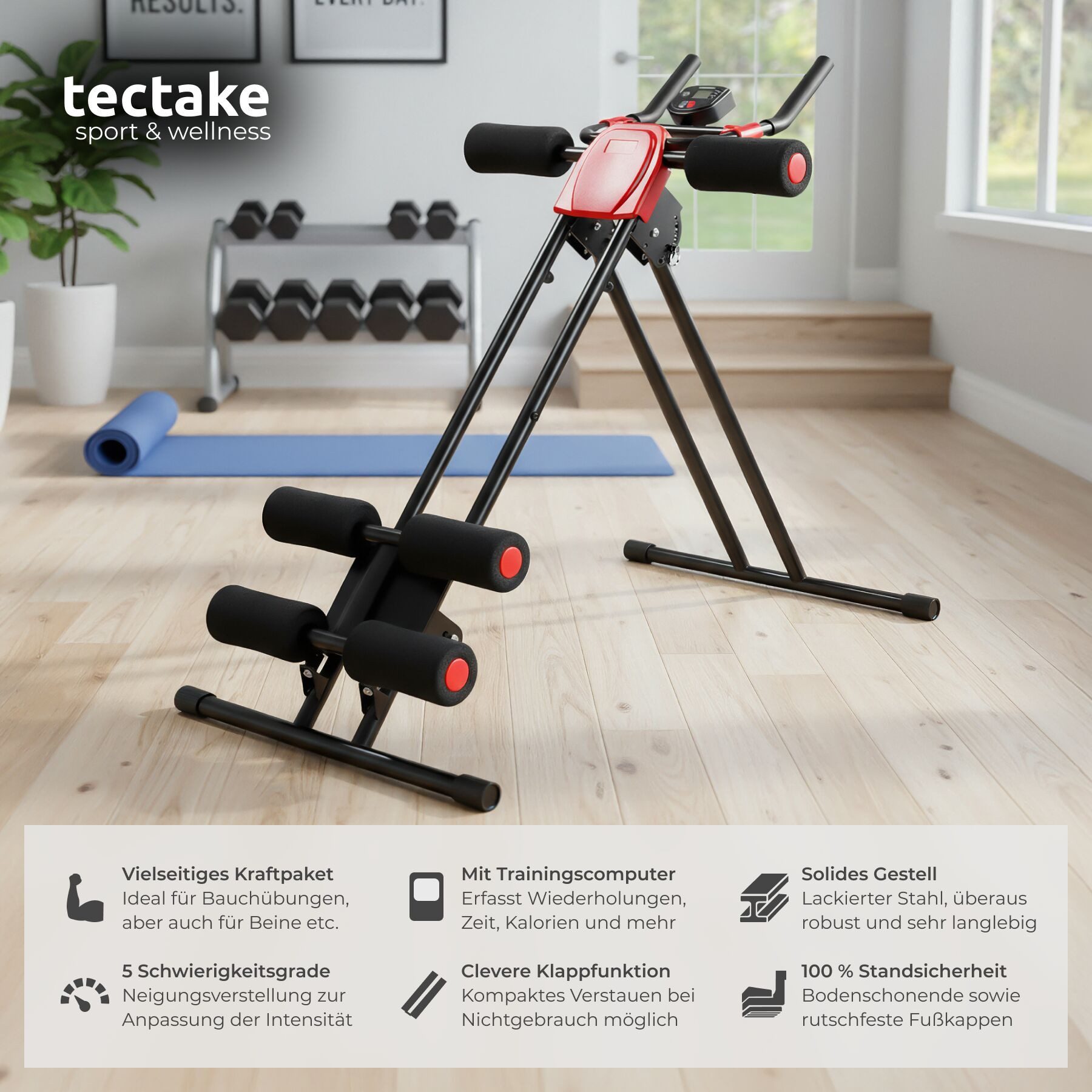 tectake Bauchtrainer Bauchmuskeltrainer mit Trainingscomputer, 5-fach verstellbar