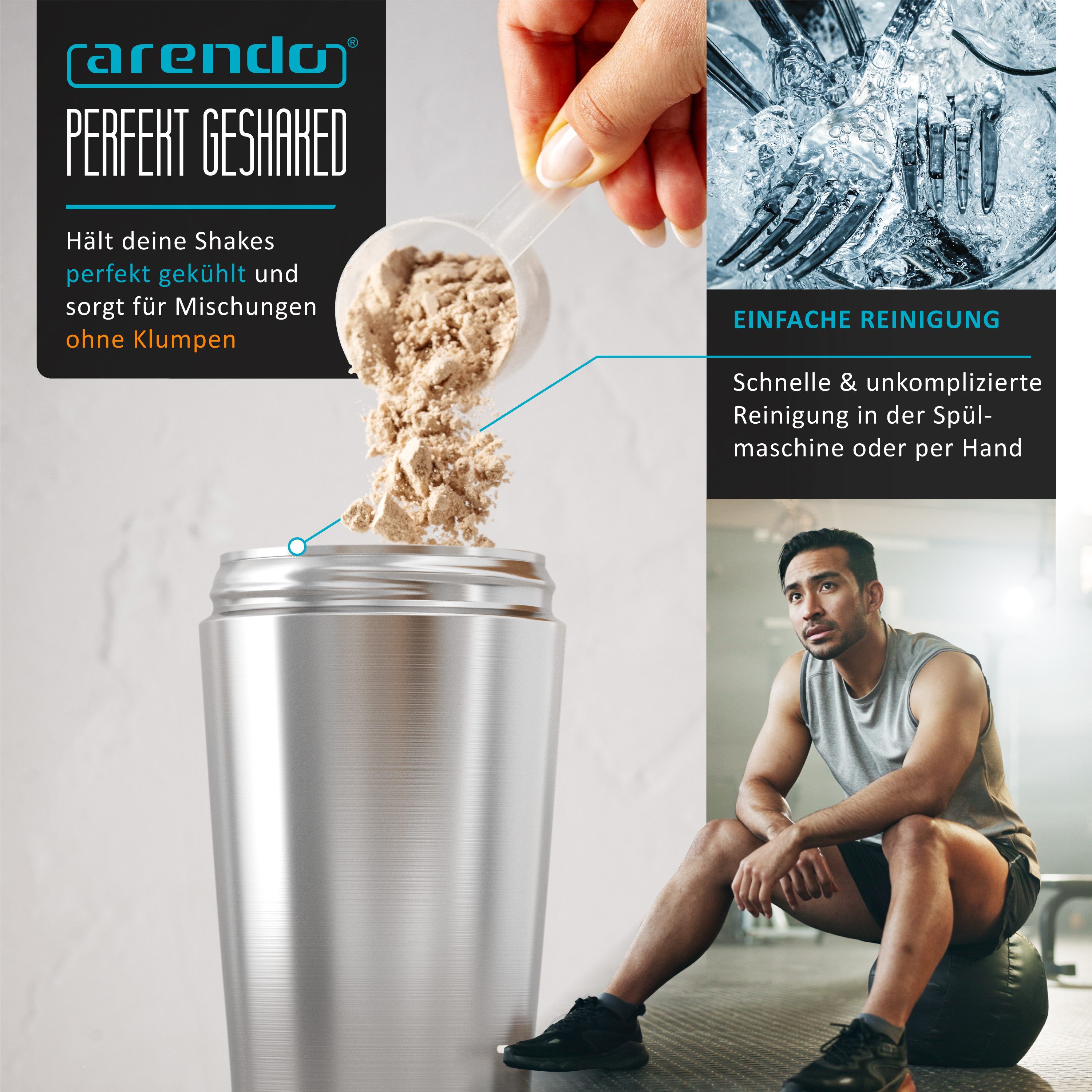 Arendo Protein Shaker Edelstahl Eiweißshaker 750 ml, verschließbar, spülmaschinengeeignet, Edelstahl, Mixbecher, Tragegriff, BPA-frei, für unterwegs, Yoga, Finess, Sport