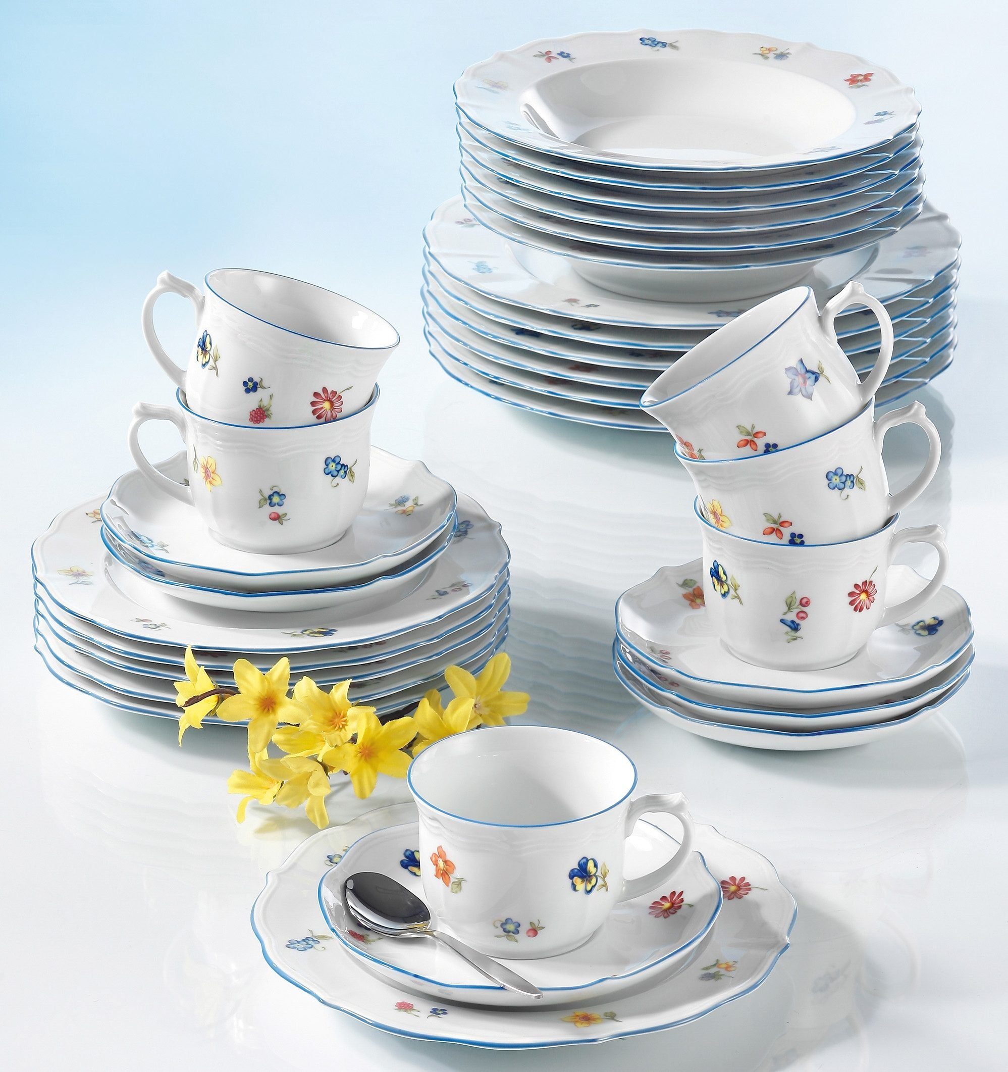 Seltmann Weiden Kombiservice Geschirr-Set, Service Sonate Nostalgie (30-tlg), 6 Personen, Porzellan, Tassen, Untertassen, Teller, Made in Germany, 18 Teile, für 6 Personen