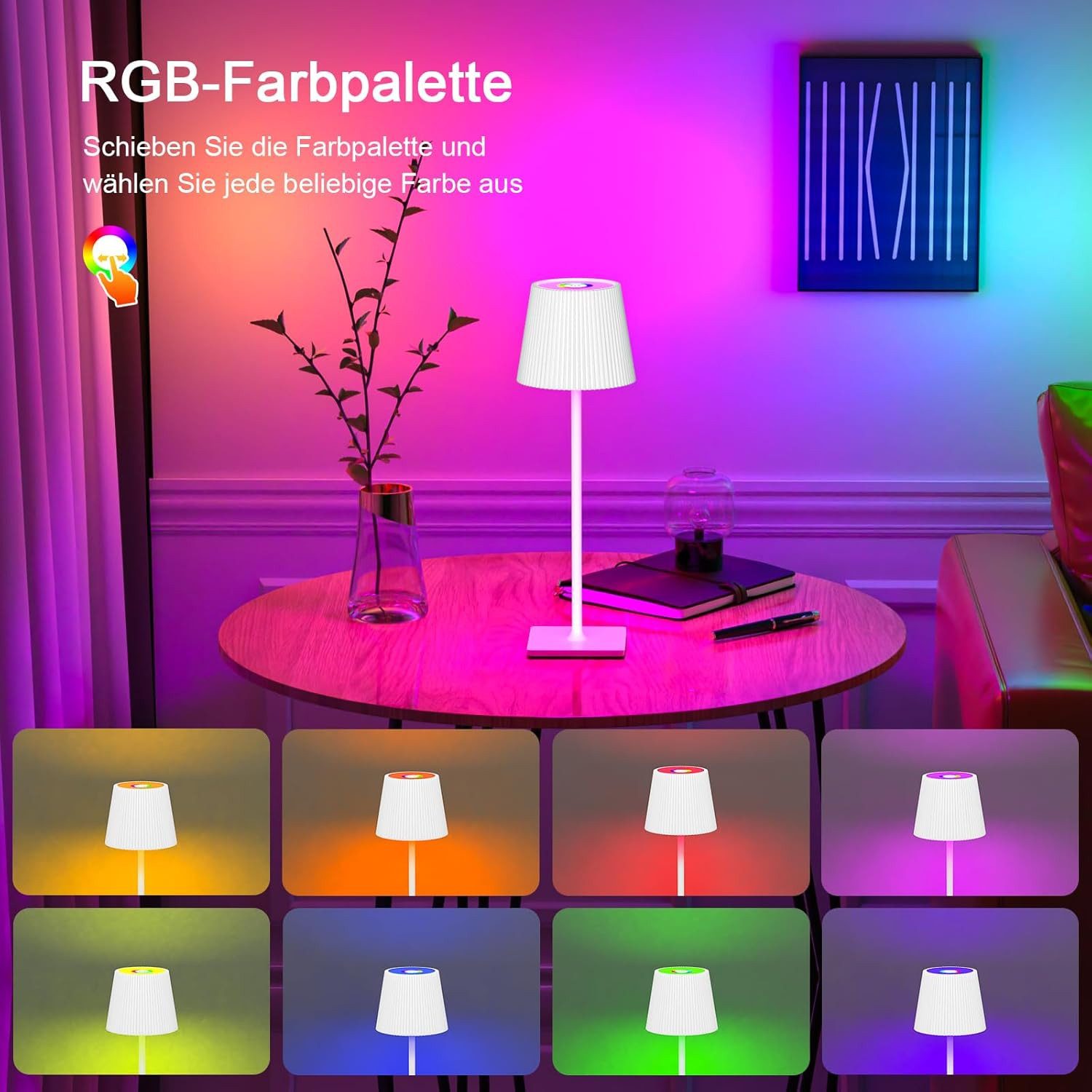 skelo LED Tischleuchte Tischlampe Kabellos Touch Dimmbar RGB 3 Farbtemperatur Nachttischlampe, Wiederaufladbare Tischlampe mit Farbwechsel, Akku Tischlampe Aufladbar, RGB & 3 Farbtemperatur, Warmlicht 3000K, Naturlicht 4000K, Kaltlicht 6500K, RGB-Lichtmodus, Höhenverstellbar (40,5 cm/26 cm), Tragbar, Dimmbar