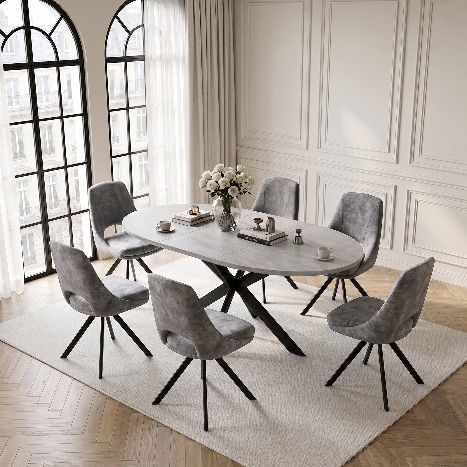 Jiexi Essgruppe Essgruppe rund ausziehbar zu oval MDF Tisch mit Flanell Stühlen