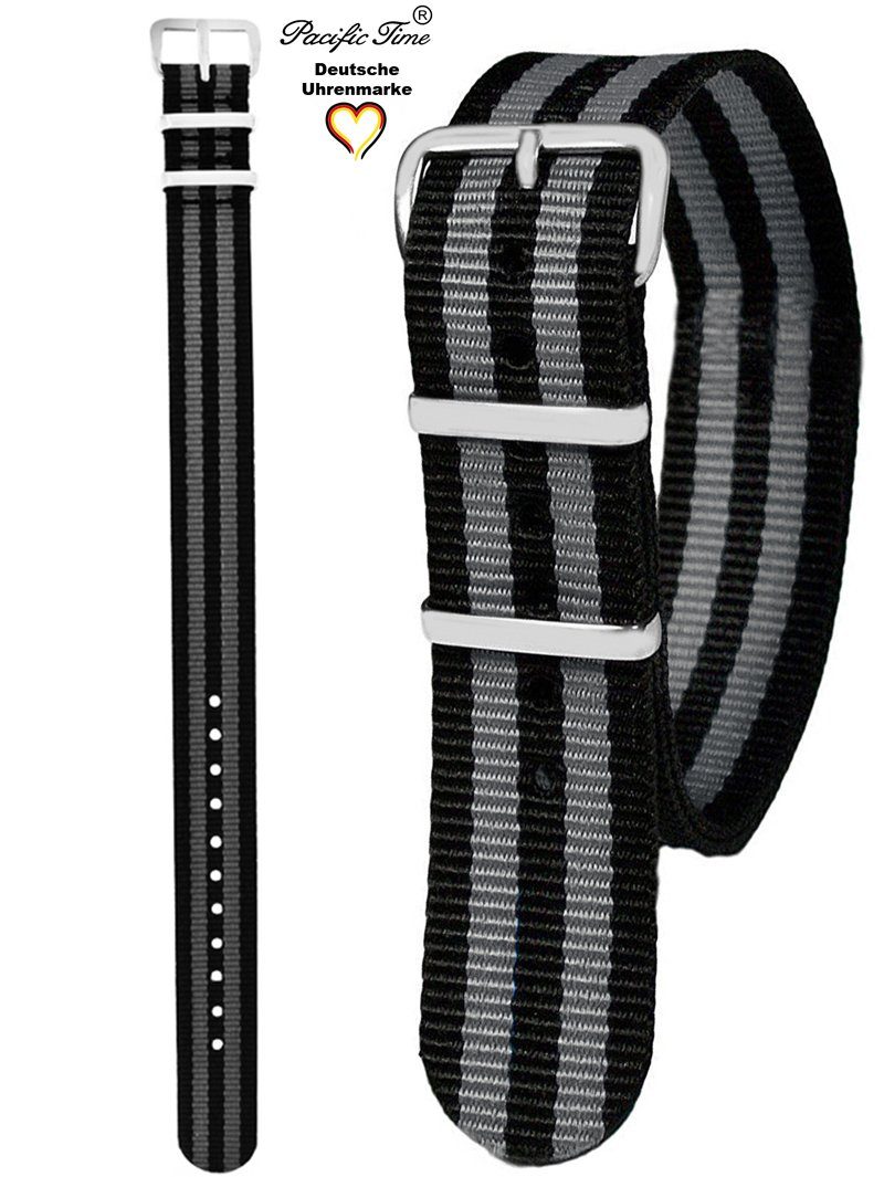 Pacific Time Uhrenarmband Wechselarmband Textil Nylon 16mm, Gratis Versand schwarz grau