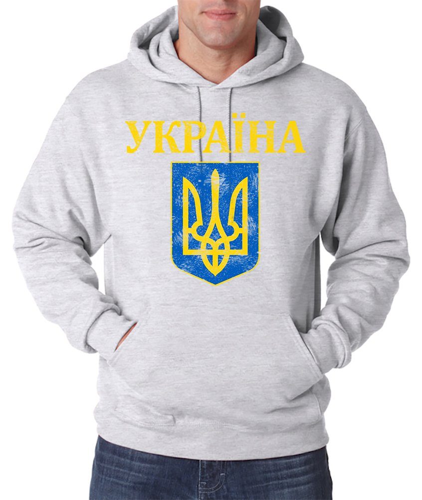 Youth Designz Kapuzenpullover Vintage Ukraine Wappen Herren Hoodie Pullover mit Wappen Logo Print Grau