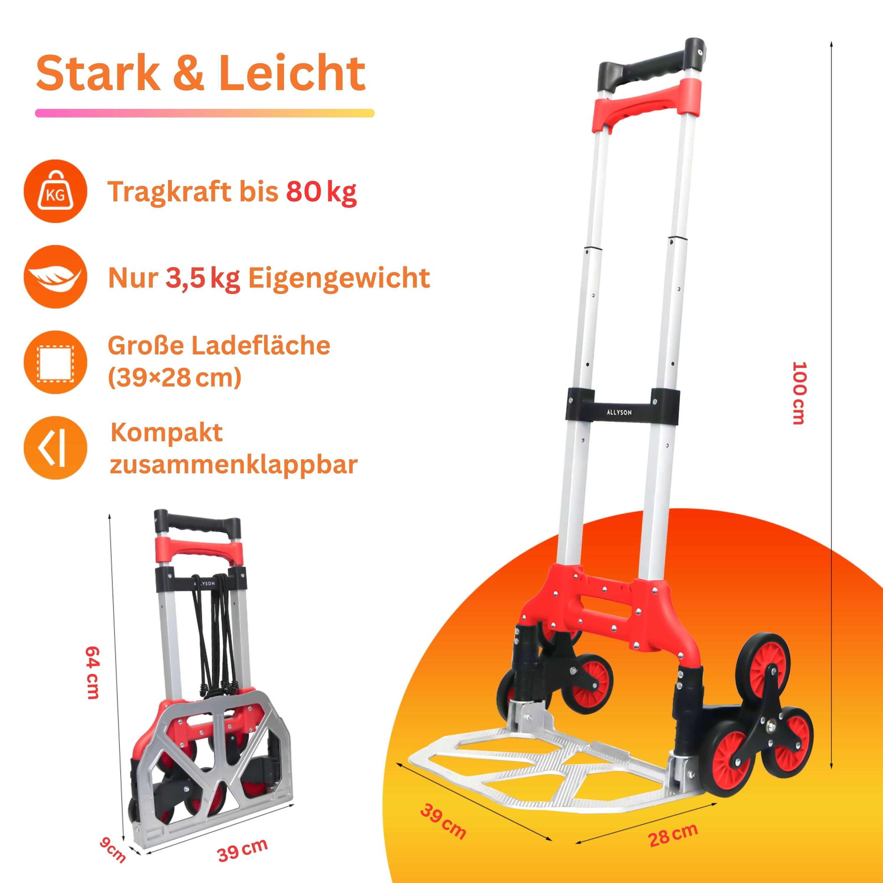 Allyson Treppensackkarre Sackkarre Treppensteiger, Transportwagen Sackkarre klappbar, (2x Elastische Spanngurte, 1 Paar Arbeitshandschuhe), Treppenkarre: 80kg Tragkraft, faltbar, inkl. Spanngurten & Handschuhen