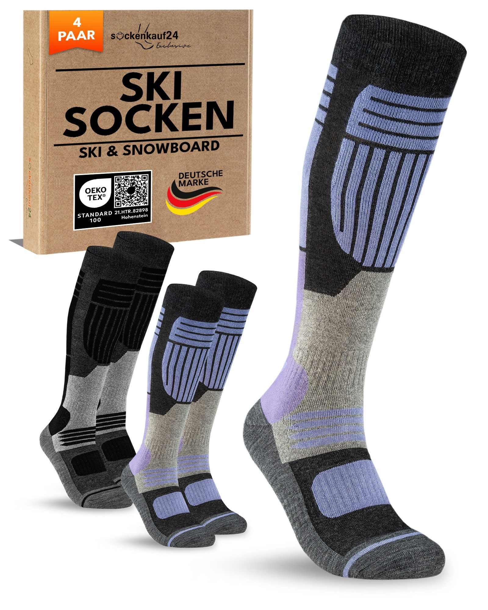 sockenkauf24 Skisocken Merino Damen 2 Paar Ski Kniestrümpfe Merinowolle (4-Paar) atmungsaktive Skisocken mit verstärkten Belastungszonen