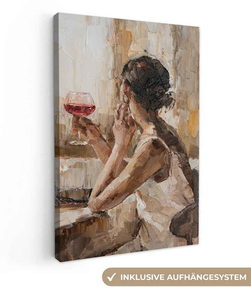 OneMillionCanvasses® Gemälde Gemälde - Ölfarbe - Frau - Wein, (1 St), Leinwandbild fertig bespannt inkl. Zackenaufhänger, Gemälde, 20x30 cm