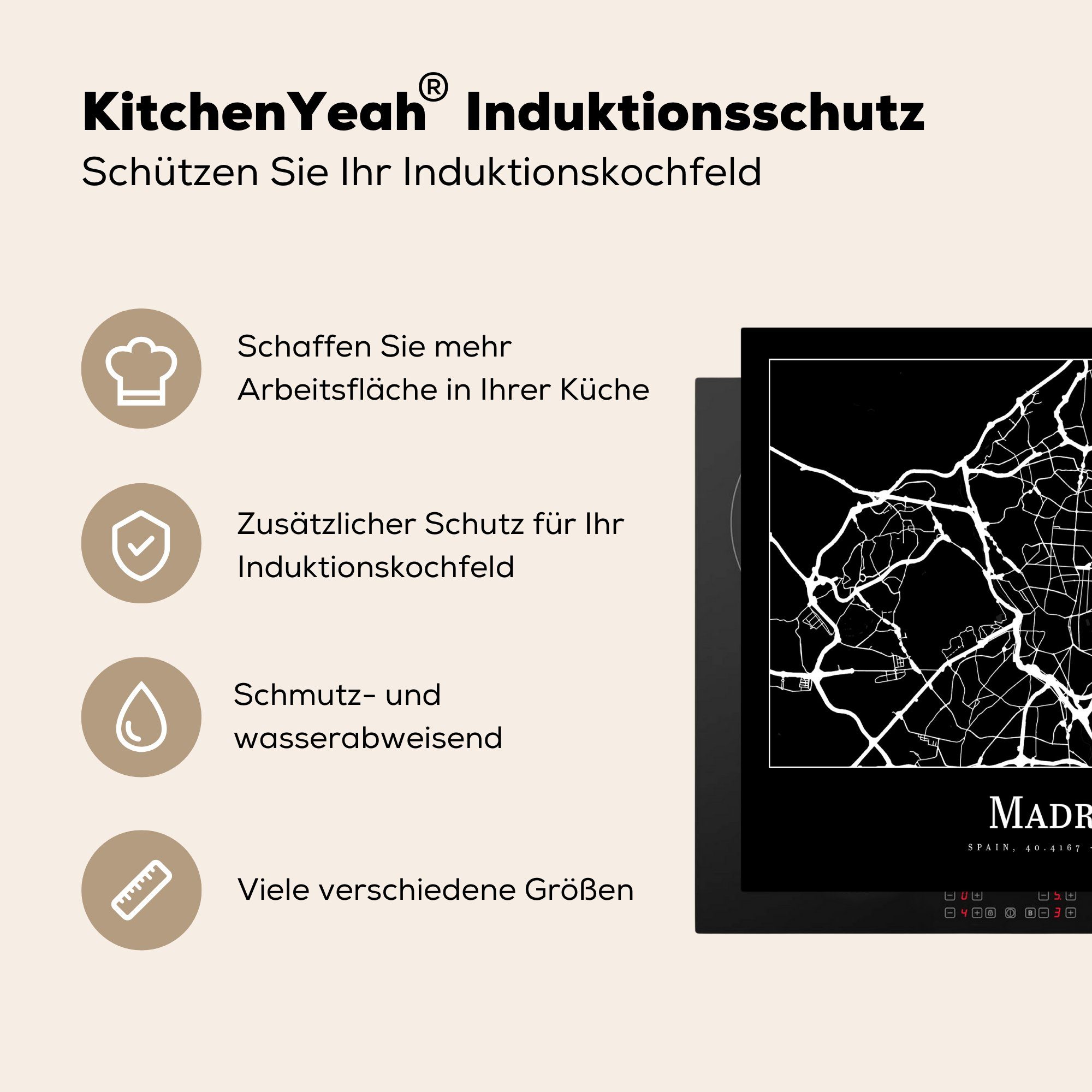 Vinyl, Induktionsschutz, tlg), Herdblende-/Abdeckplatte - Karte Ceranfeldabdeckung (1 Induktionskochfeld, cm, 57x51 Stadtplan, - MuchoWow Madrid