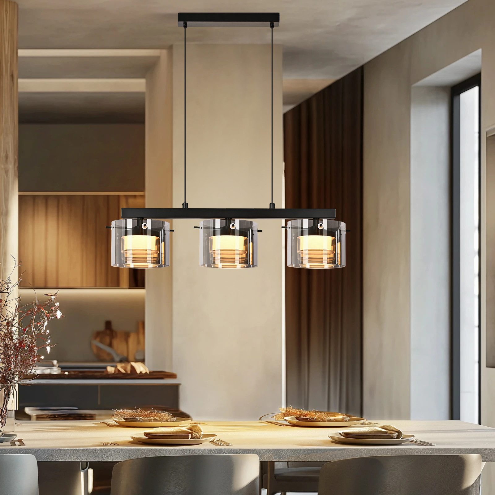 Nettlife LED Pendelleuchte 1/3/4flammig Retro Hängelampe Glas Esszimmerlampe 2700K Warmweiß, LED fest integriert, Extra-Warmweiß, für Esszimmer Wohnzimmer Küche – Bild 4 von 5