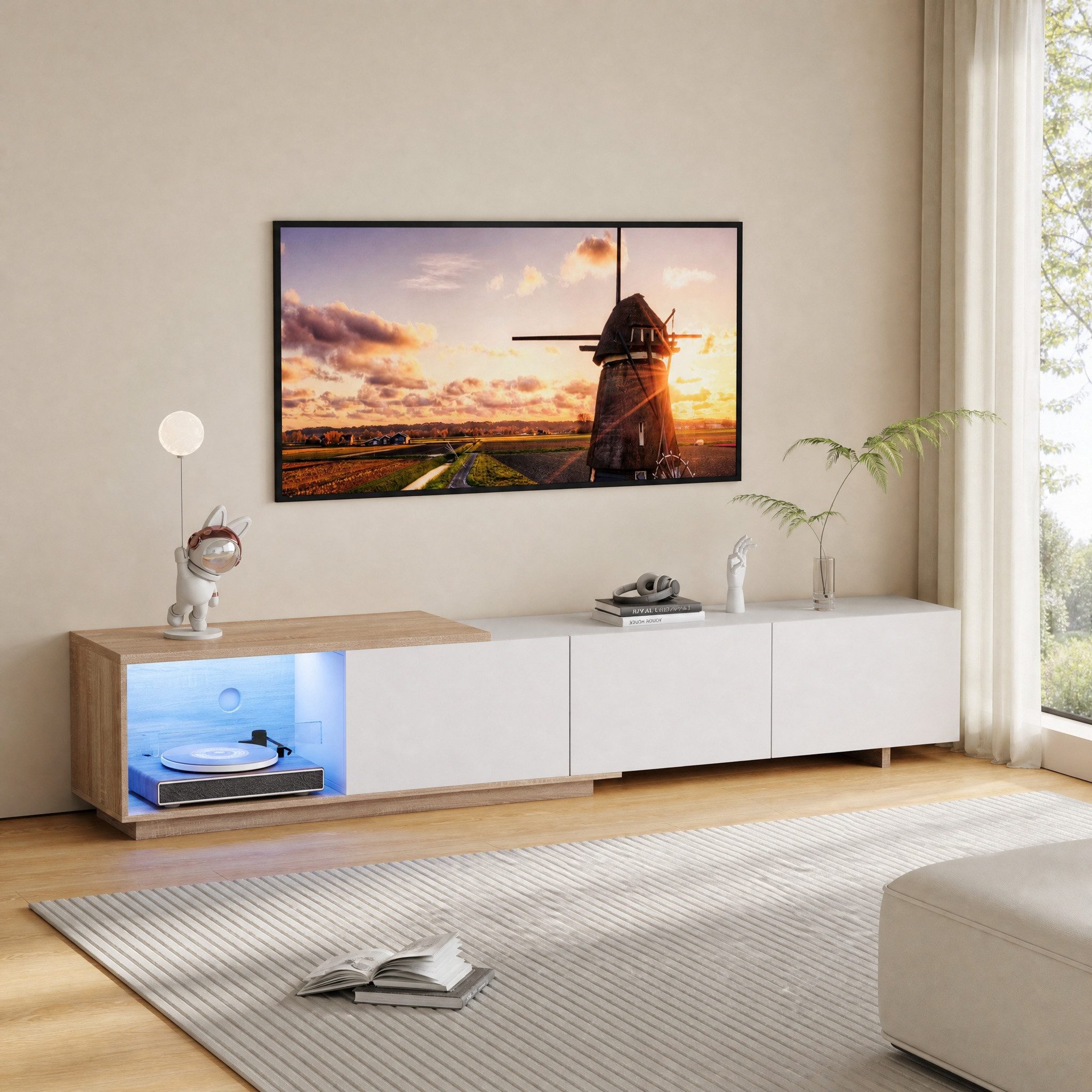 PXloue TV-Schrank Fernsehkommode, Hochglanz TV Schrank, mit 16 Farben LED Beleuchtung mit LED-Beleuchtung, Lowboard mit Glasablagen, Breite 240cm