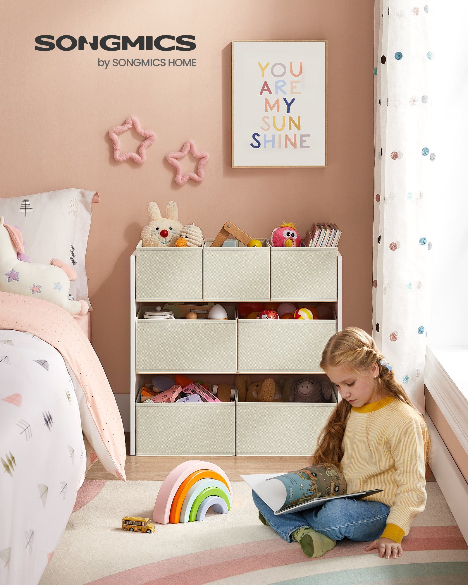 SONGMICS Spielzeugtruhe Kinderregal Bücherregal Kinder, mit Kippschutz, 29,5 x 62,5 x 60 cm (T x B x H), Kinderzimmer-Regal