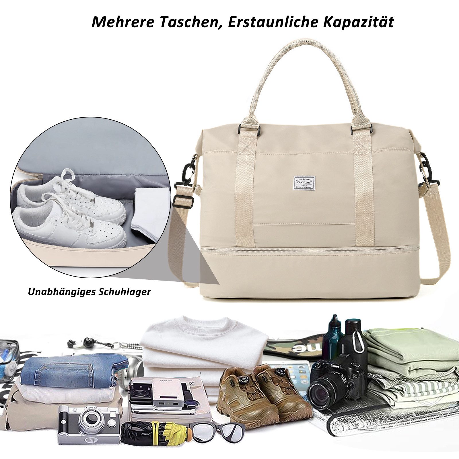 TAN.TOMI Reisetasche Wasserdichter Reise-Seesack - Tragetasche, Sporttasche, Schultertasche (Erweiterbar mit Trolley-Ärmel und Nasstasche), Wochenendtasche für Damen und Herren - Krankenhaus-Tasche
