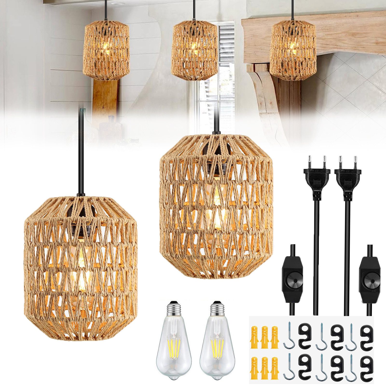 Jibenhome LED Pendelleuchte Rattan-Hängelampe mit Stecker, günstig online kaufen