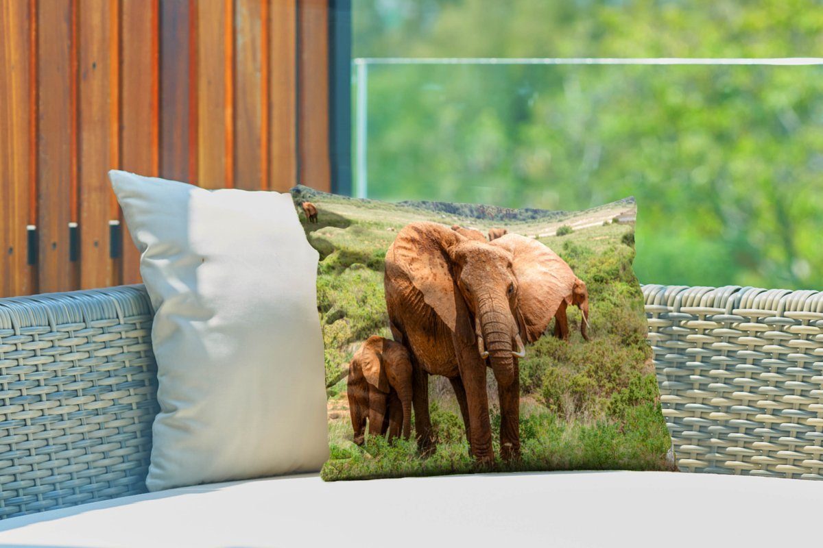 Dekokissenbezug, Baby Elefantenmutter im Outdoor-Dekorationskissen, MuchoWow mit ihrem Dekokissen Kissenhülle Gras, Polyester,