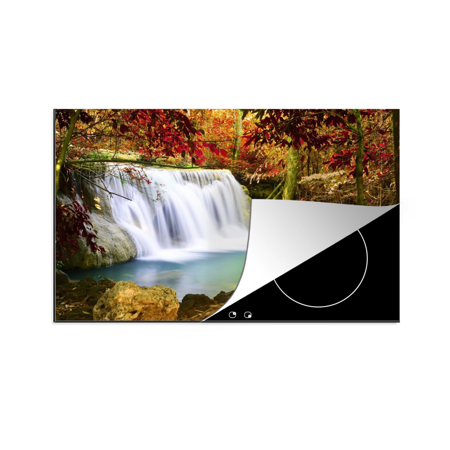 MuchoWow Herdblende-/Abdeckplatte Herbst - Wasserfall - Natur, Vinyl, (1 tlg), 80x52 cm, Induktionskochfeld Schutz für die küche, Ceranfeldabdeckung | Herdabdeckplatten